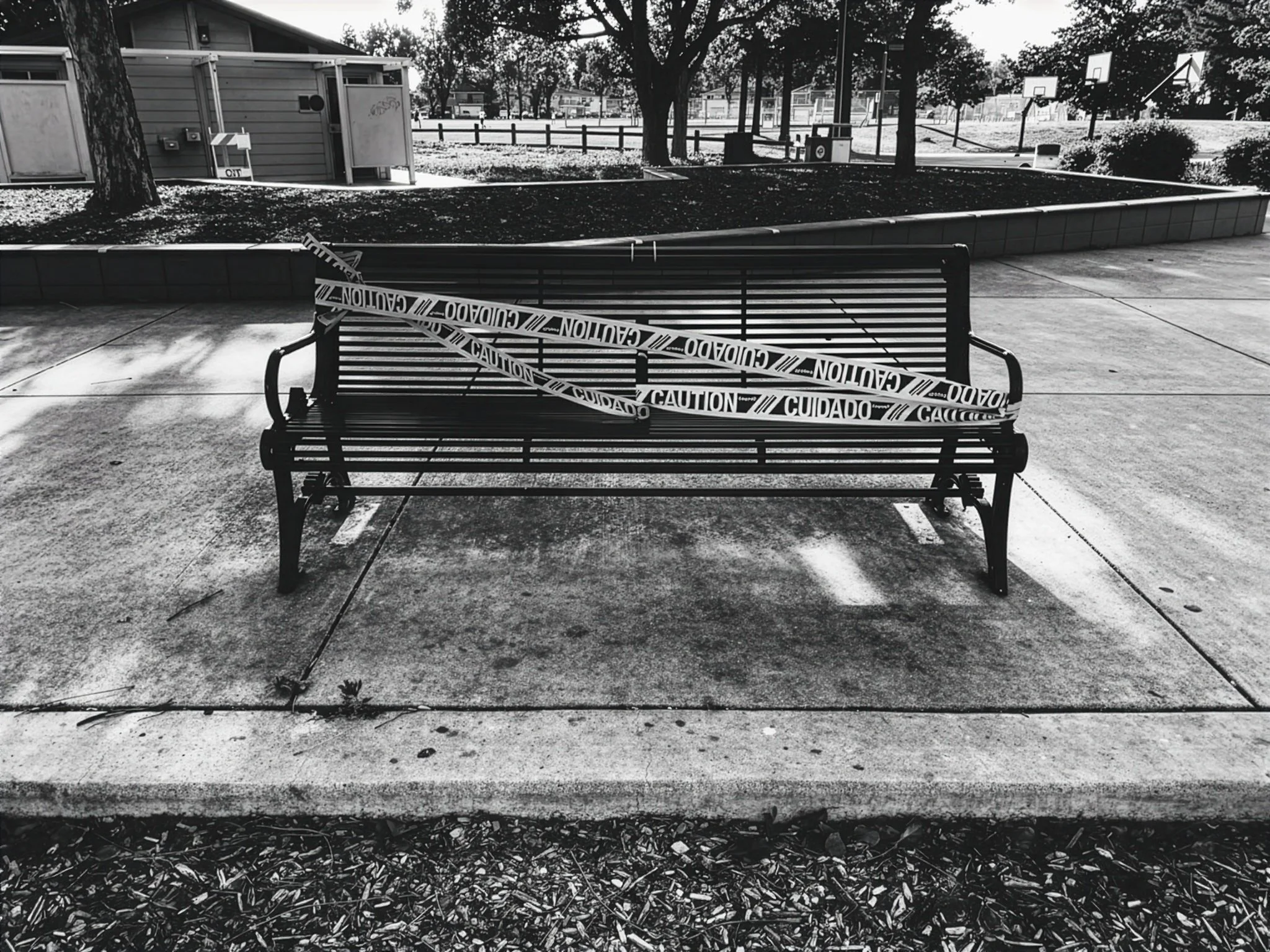 A park with a bench that has caution tape around it, surrounded by trees and a playground in the background, all in black and white.