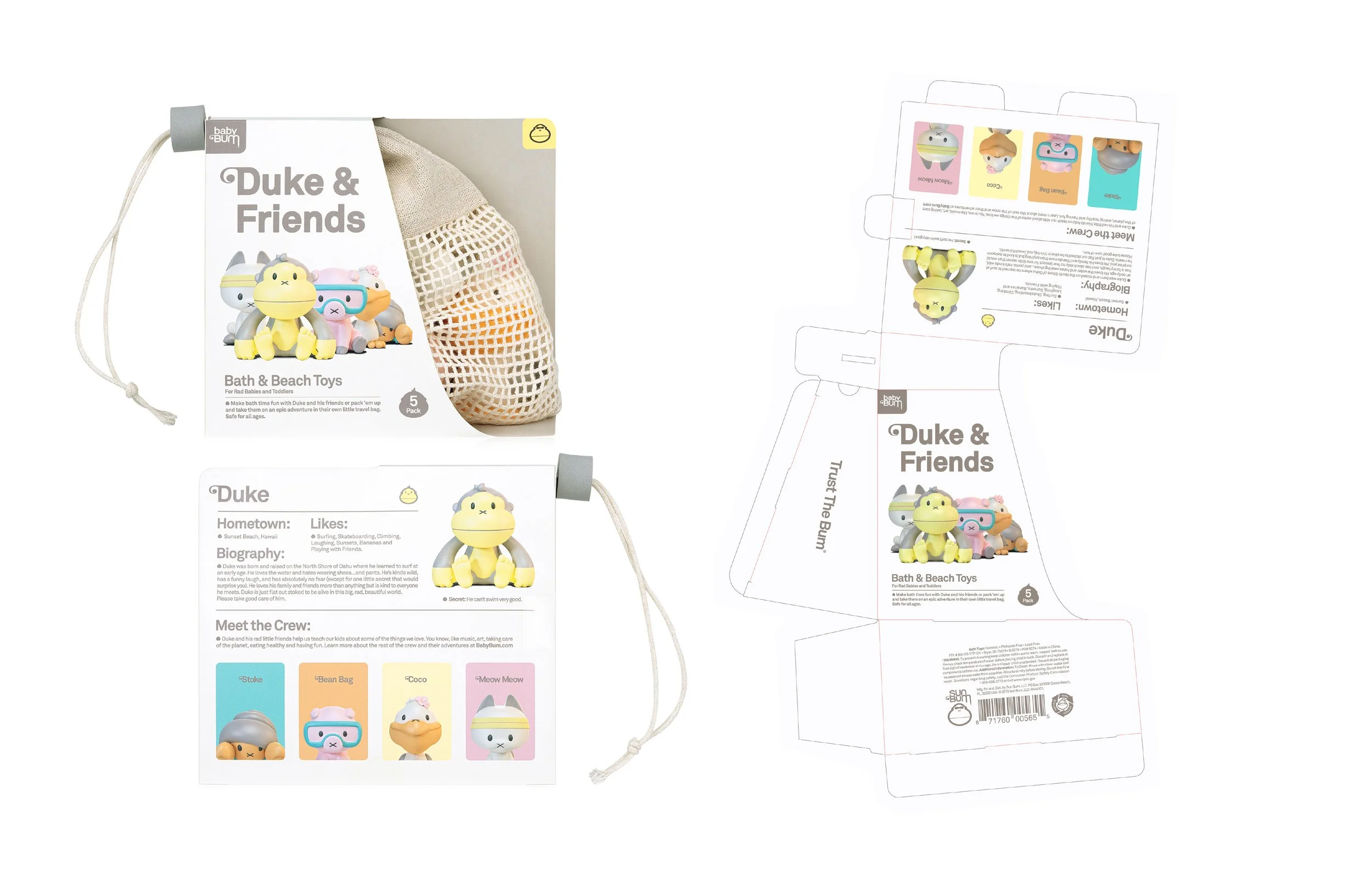 The image shows packaging for a set of bath and beach toys called "Duke & Friends" by Baby Bumm. The packaging includes a drawstring storage bag and illustrations of the toys, which are animal characters. The box has a white and gray color scheme wit