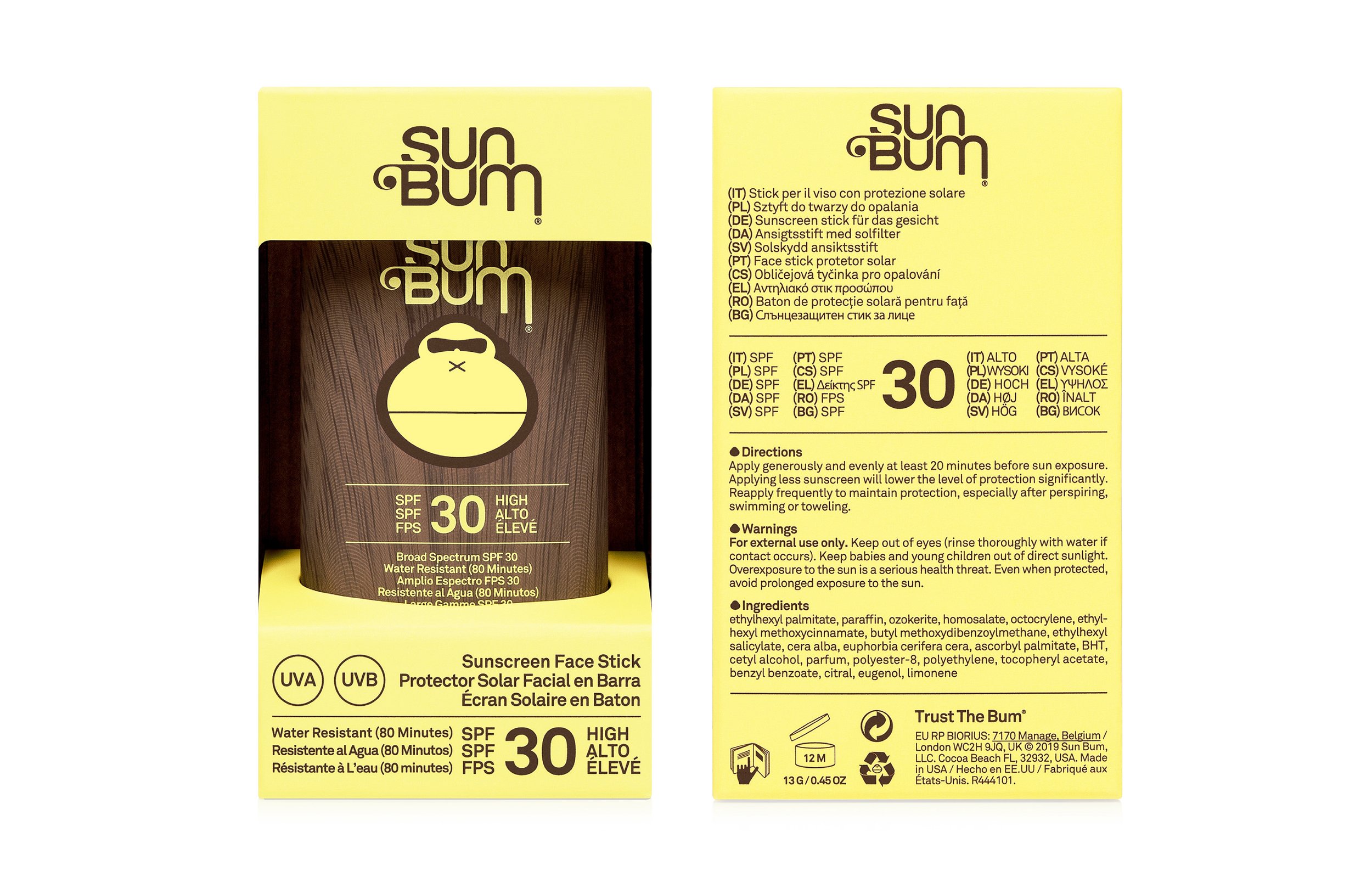 Packaging of Sun Bum sunscreen face stick with SPF 30, featuring a yellow and brown design and the Sun Bum logo.