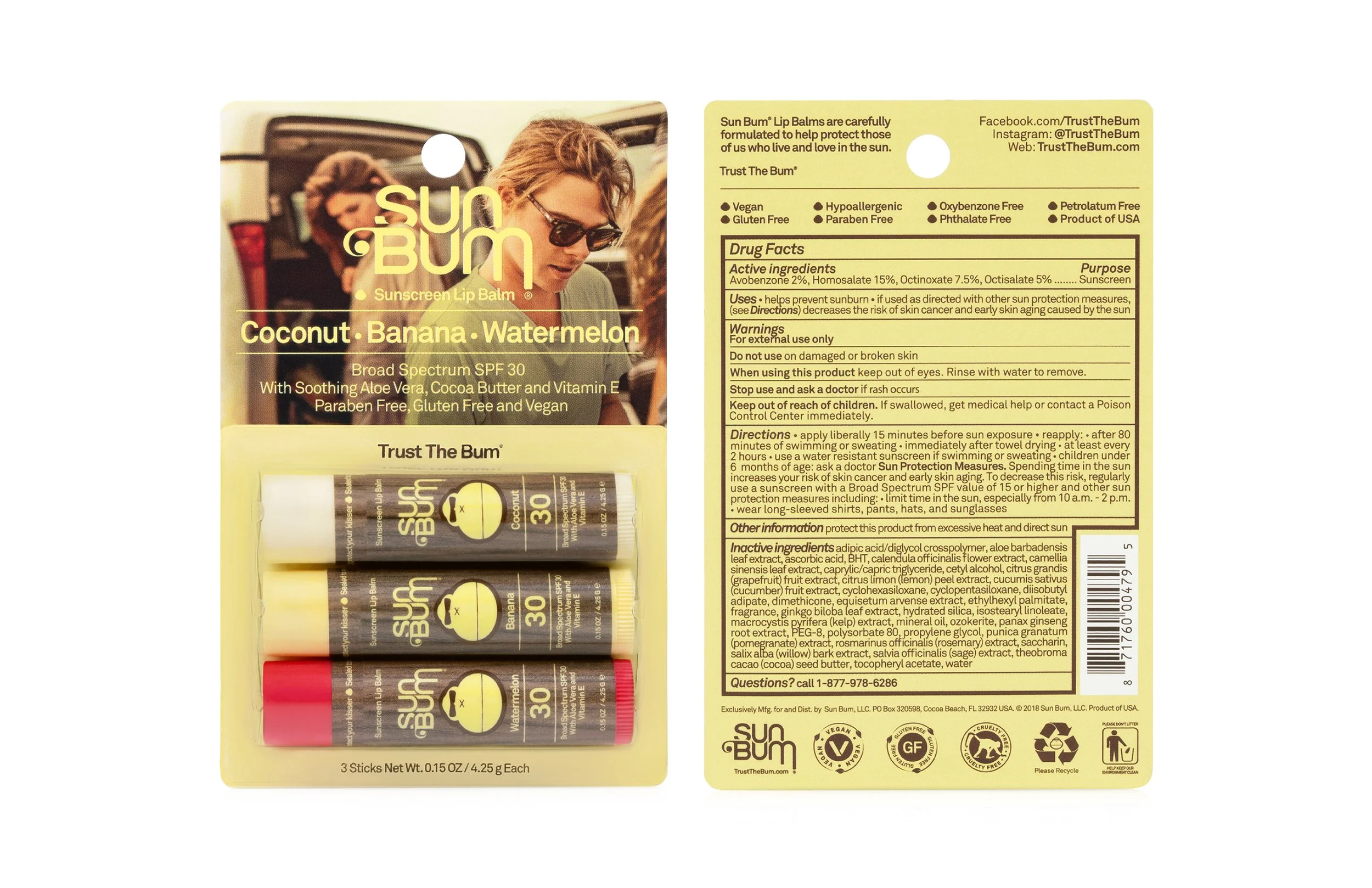 Back of Sun Bum sunscreen lip balm packaging showing three tubes with coconut, banana, and watermelon flavors, and the product's detailed label with ingredients, warnings, and usage instructions.