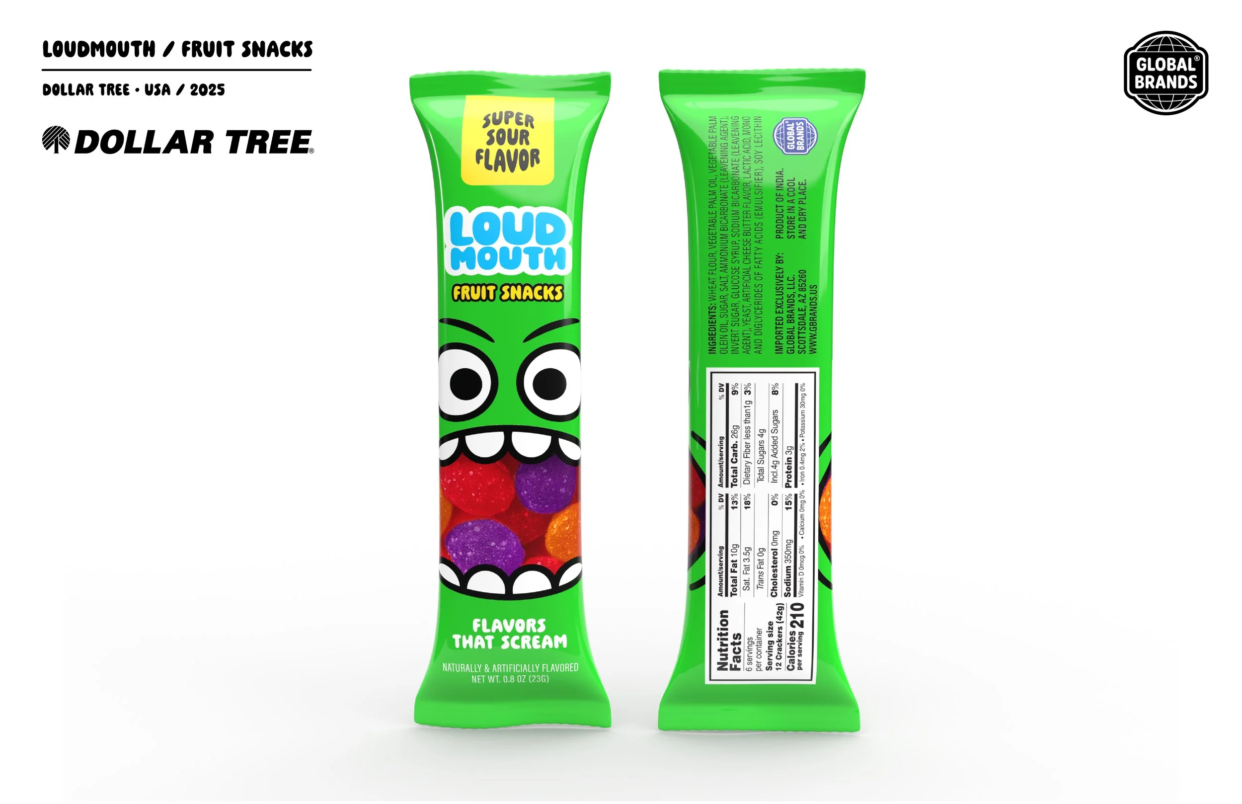 Packaging of Loudmouth fruit snacks with cartoon face design, green background, and colorful candy inside.