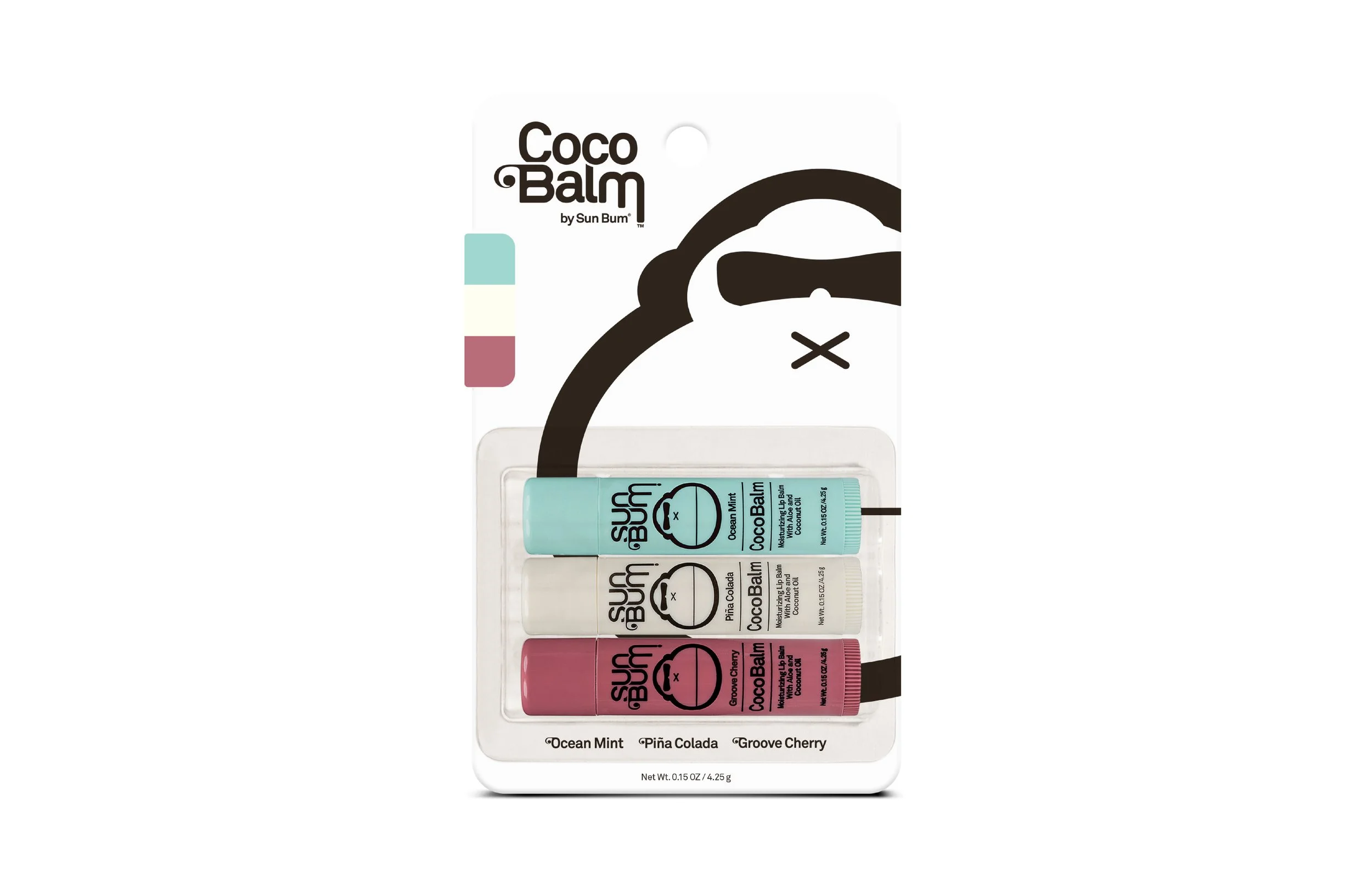 Set of three Sun Bum Coco Balm moisturizing lip balms in Ocean Mint, Piña Colada, and Groove Cherry flavors, in pastel-colored tubes, displayed on a clear plastic tray with flavor labels.
