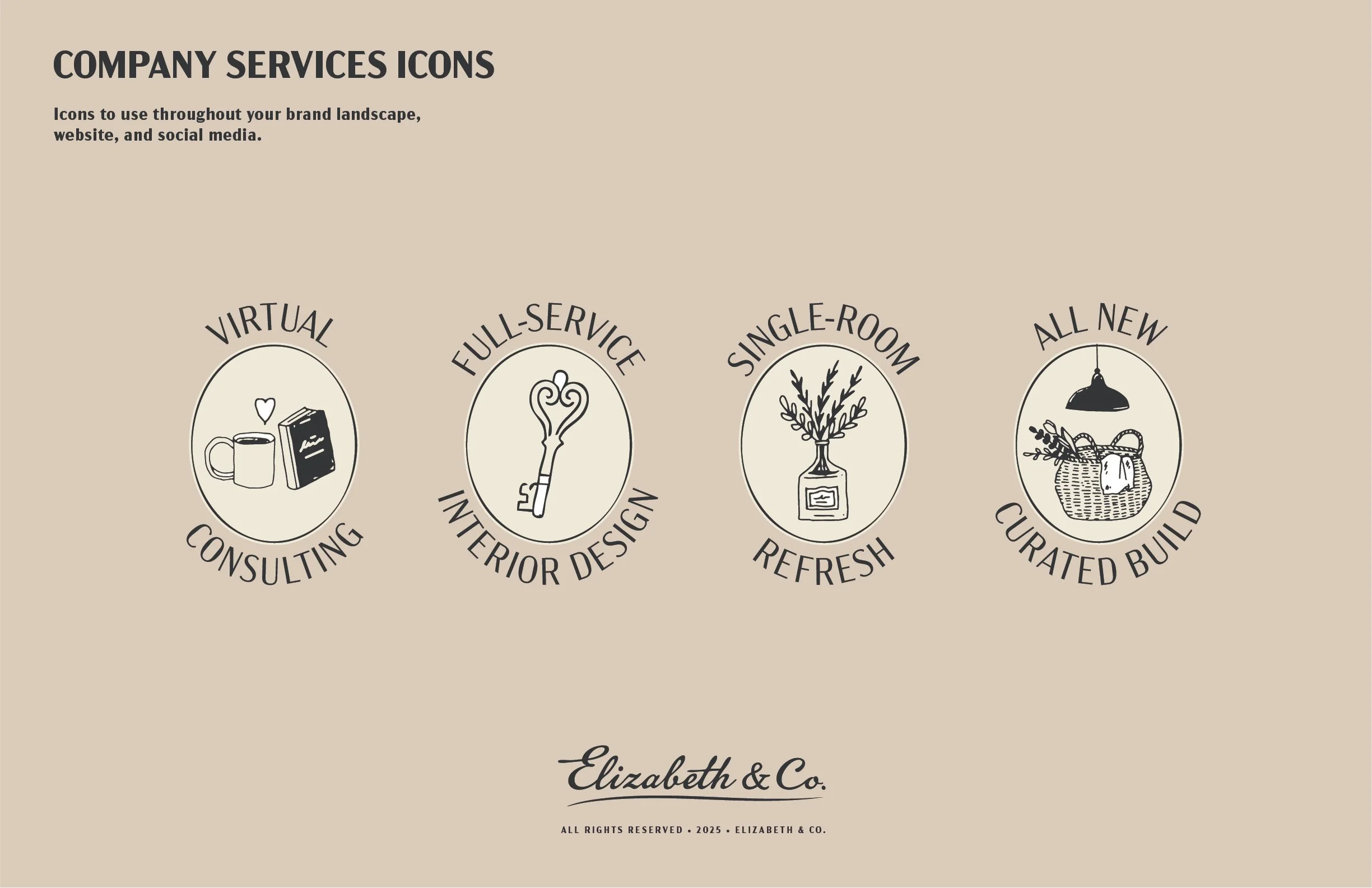 Design for company services icons on a beige background, includes icons for virtual consulting, interior design, research, curated build, and more, with text labels.
