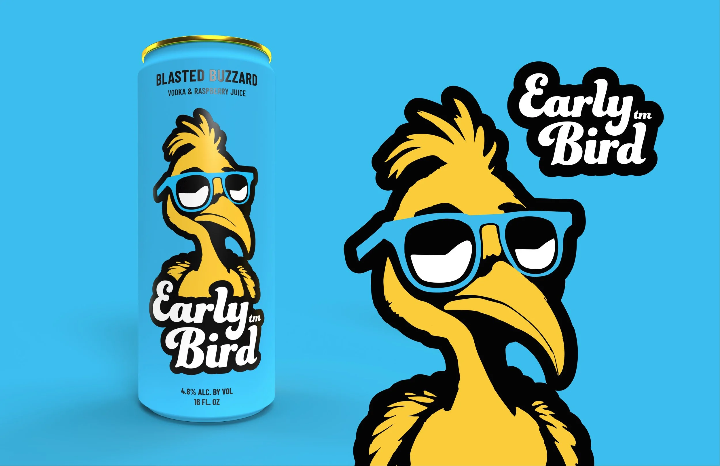 Illustration of a cartoon yellow bird with sunglasses and spiky hair, with a close-up of its head and a logo that reads 'Early Bird' in stylized text, set against a blue background.
