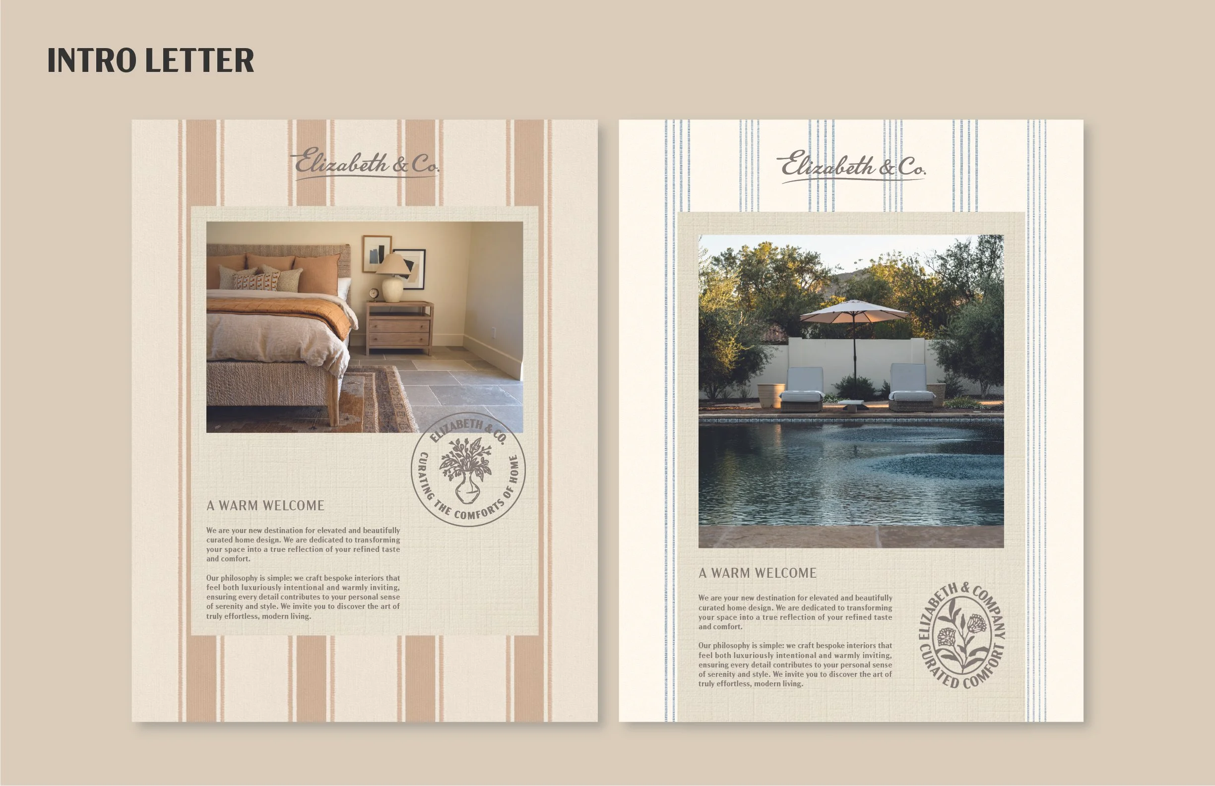 Two promotional flyers for Elizabeth & Co., featuring images of a bedroom and outdoor pool area with lounge chairs and umbrella, on a beige background.