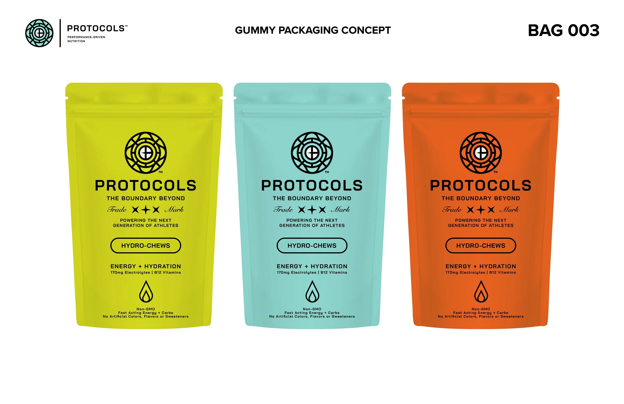 Three colorful stand-up packets of Gummy Packaging Concept by Protocols, in yellow, blue, and orange, labeled Hydro-Chews, with text about energy, hydration, electrolytes, B12 vitamins, and health benefits.