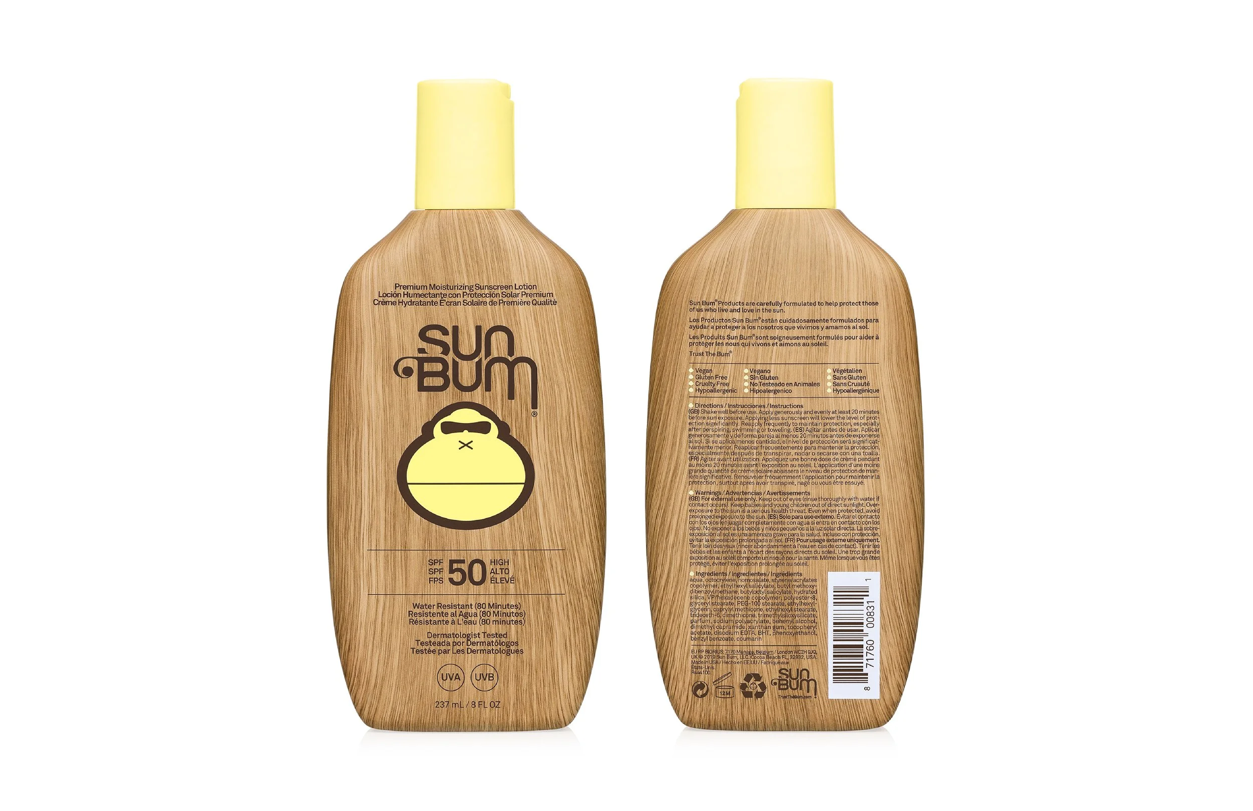 Sun Bum sunscreen bottle with a wood grain design, yellow cap, and label indicating SPF 50, water resistance for 80 minutes, and that it is vegan, cruelty-free, and hypoallergenic.