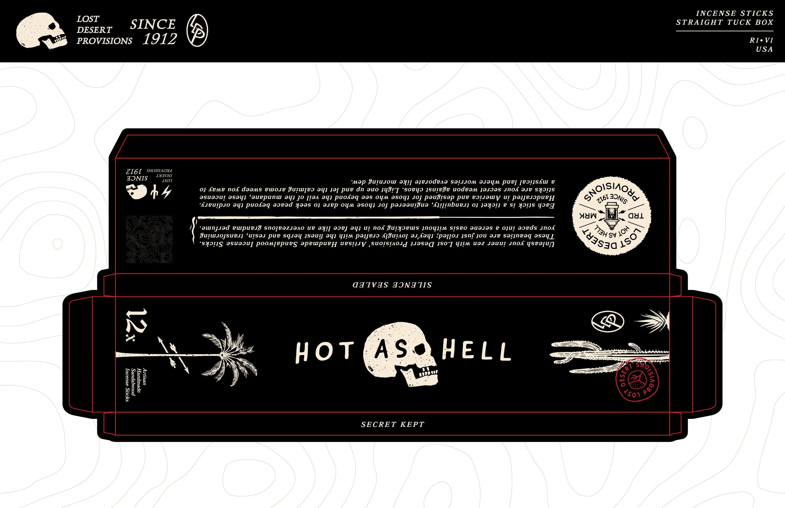 Black packaging box with white design, featuring a skull and plant illustrations, for a product called 'Hot As Hell' incense sticks, with labels indicating it's a secret kept and since 1912 proposal.
