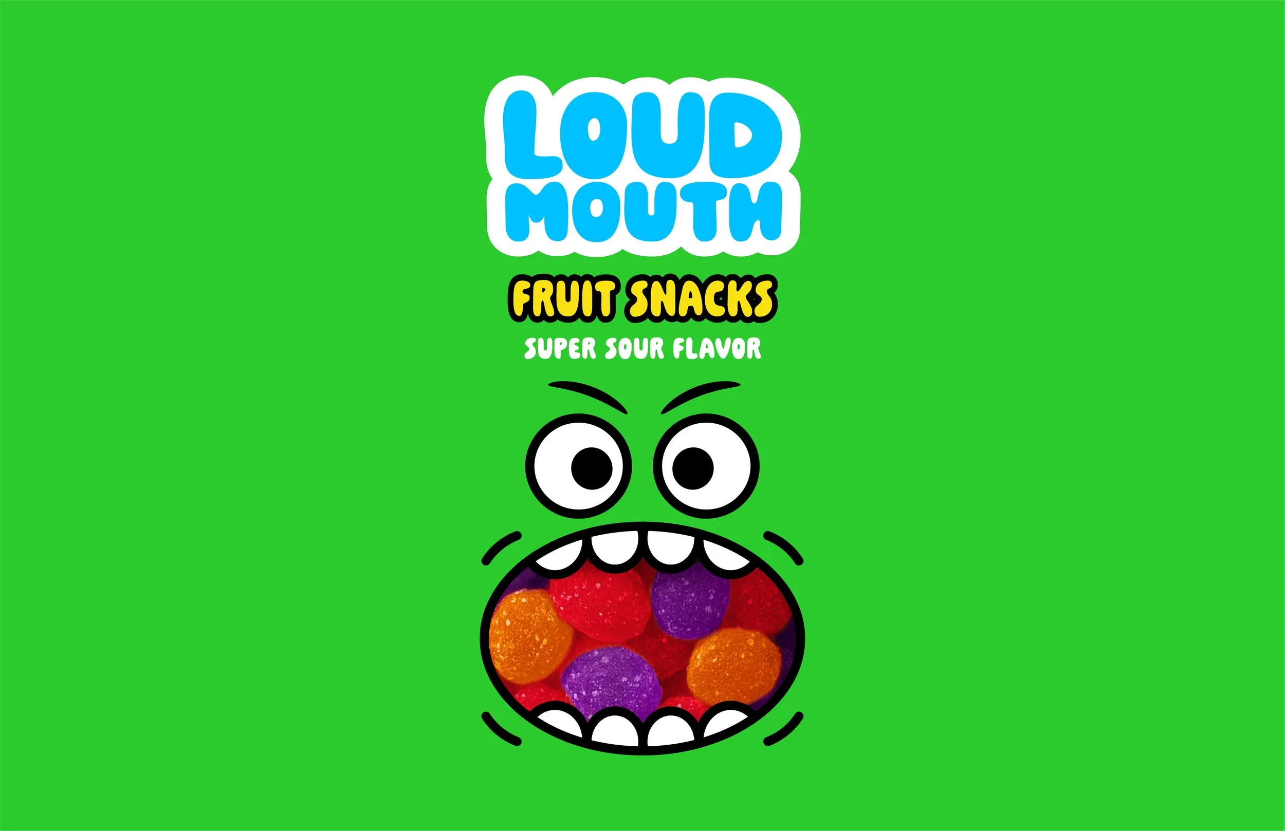 Bright green background with the logo 'LOUD MOUTH' in large blue and white letters at the top and the words 'FRUIT SNACKS' in yellow with black outline below it. A cartoonish illustration of an open mouth filled with colorful fruit snacks, with eyes 