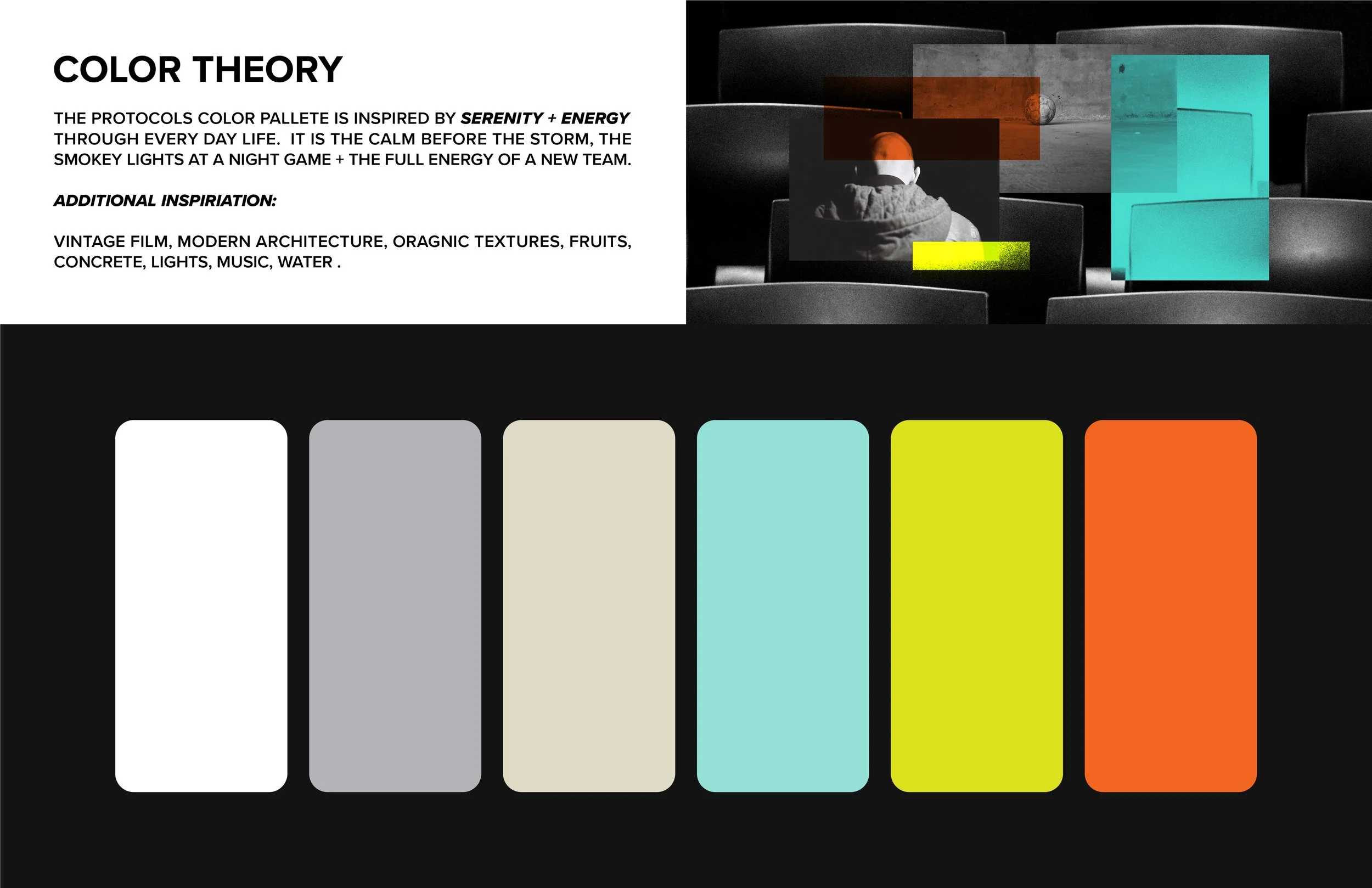 Color palette inspired by Serenity and Energy with nine color swatches including white, gray, beige, light blue, yellow-green, orange, and black, alongside a background with abstract shapes and a person in a hoodie on a dark surface.