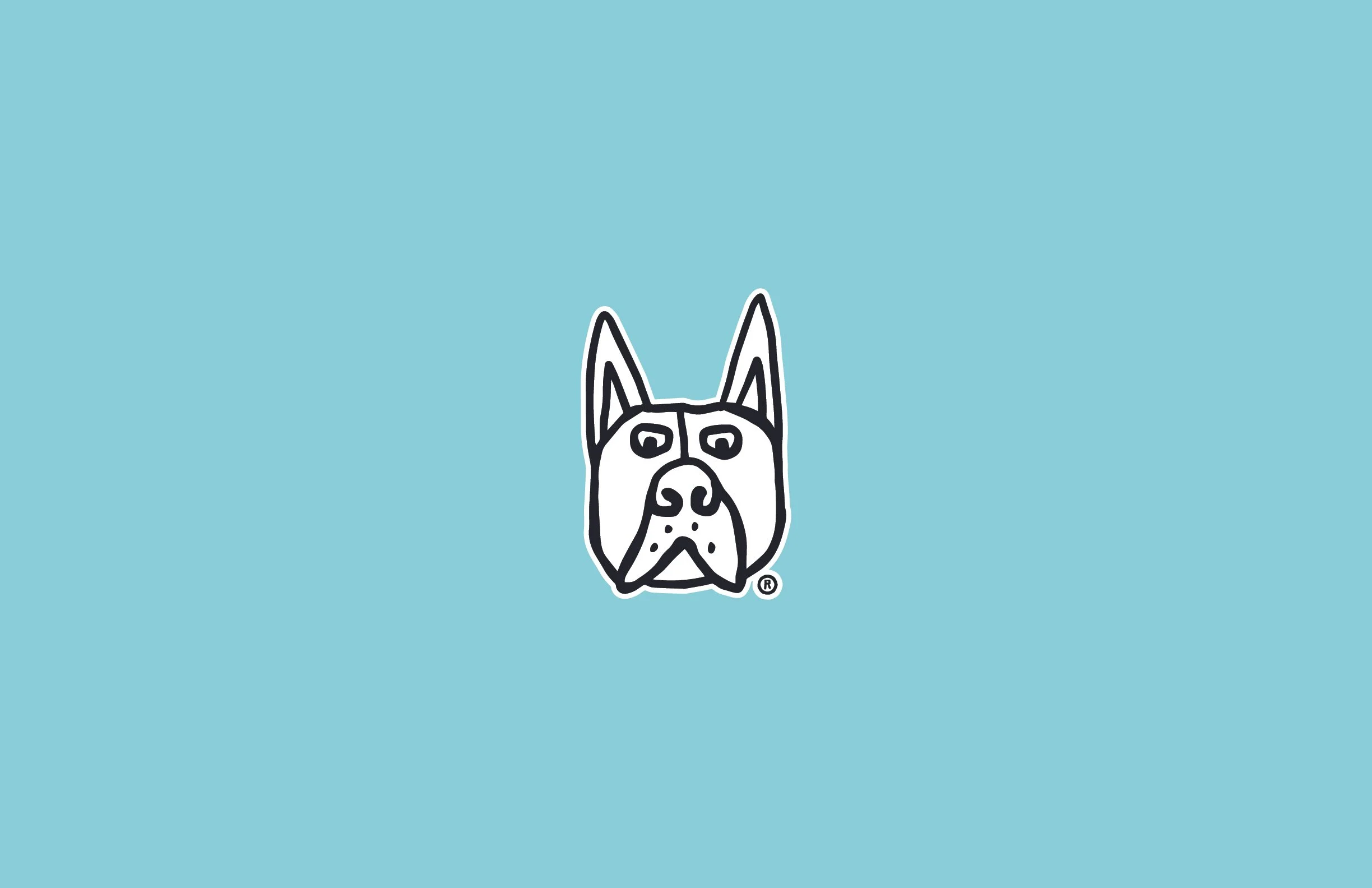 A stylized illustration of a dog's face, primarily in black and white, set against a light blue background.