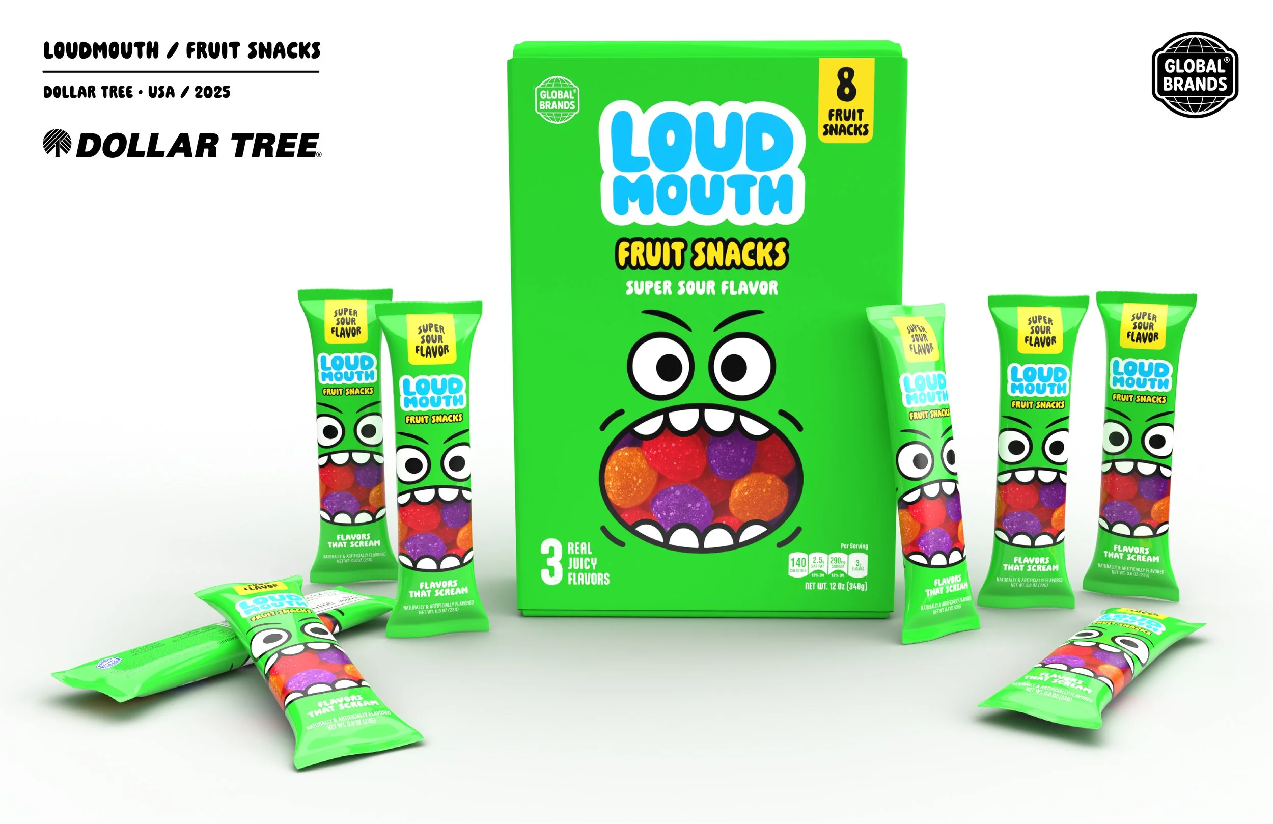 Green box of Loud Mouth fruit snacks with cartoon face, surrounded by individual fruit snack packages, some lying down and some standing, all featuring the same cartoon face and colorful fruit gum inside.