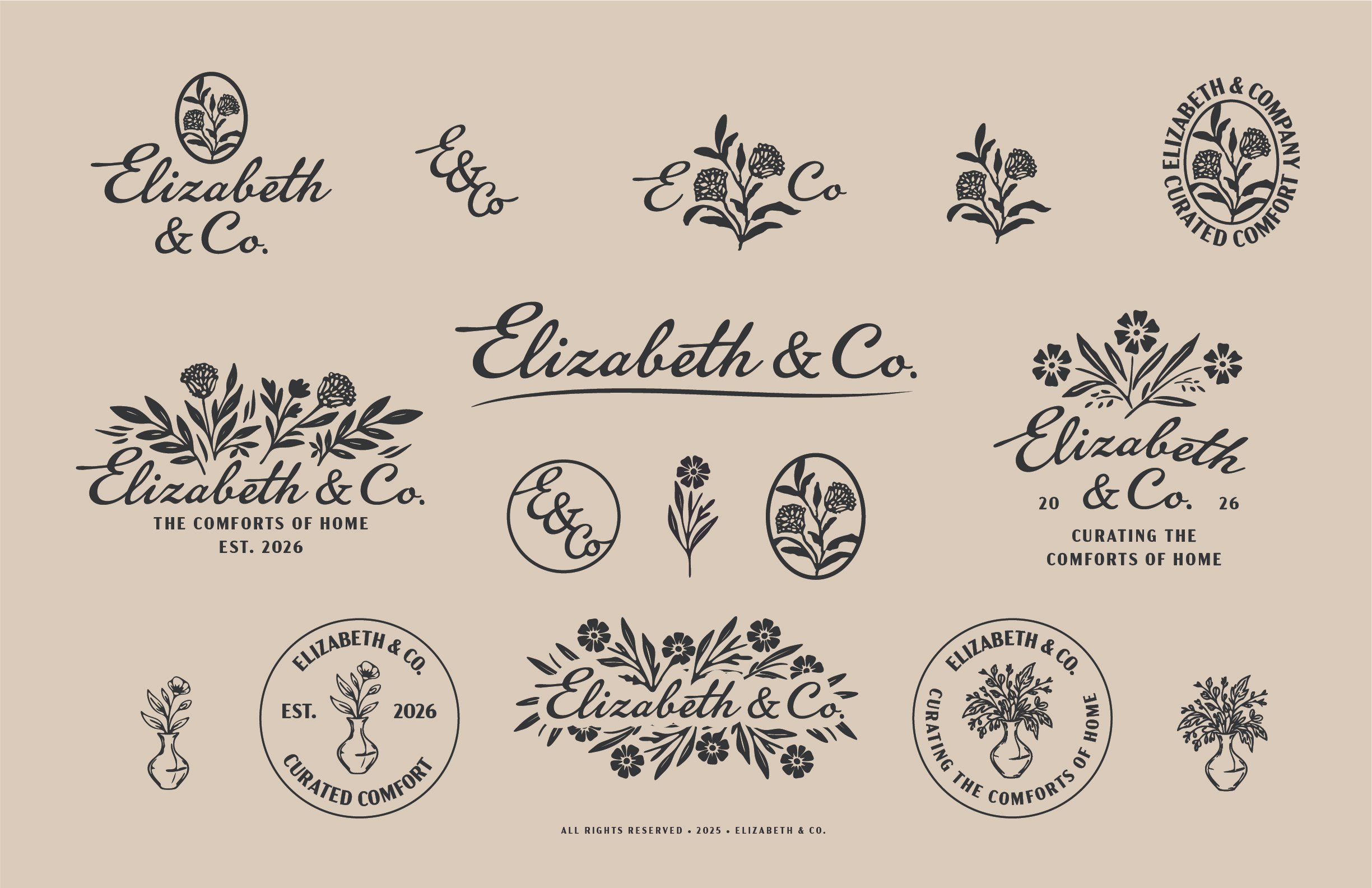 Collection of logos and labels for Elizabeth & Co., featuring floral designs, some with text such as "Curated Comfort" and "The comforts of home," with year tags 2025 and 2026, on a beige background.