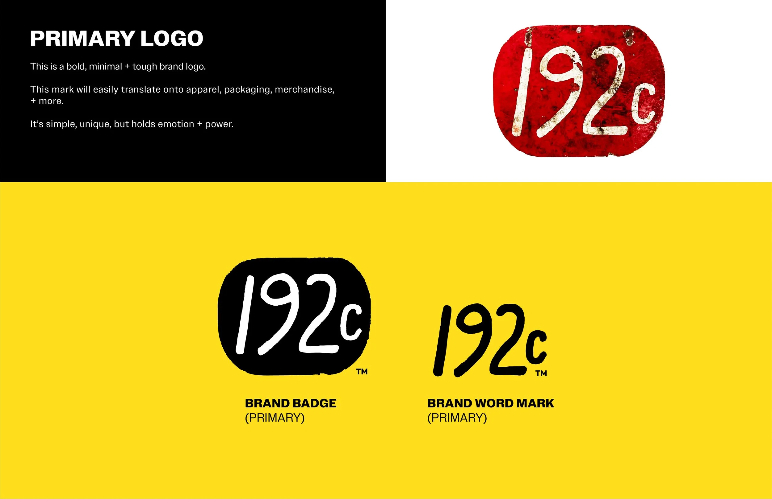 Comparison of three branding badge designs featuring the number 192c, with different backgroun colors and styles, labeled as primary logo, brand badge, and brand word mark.
