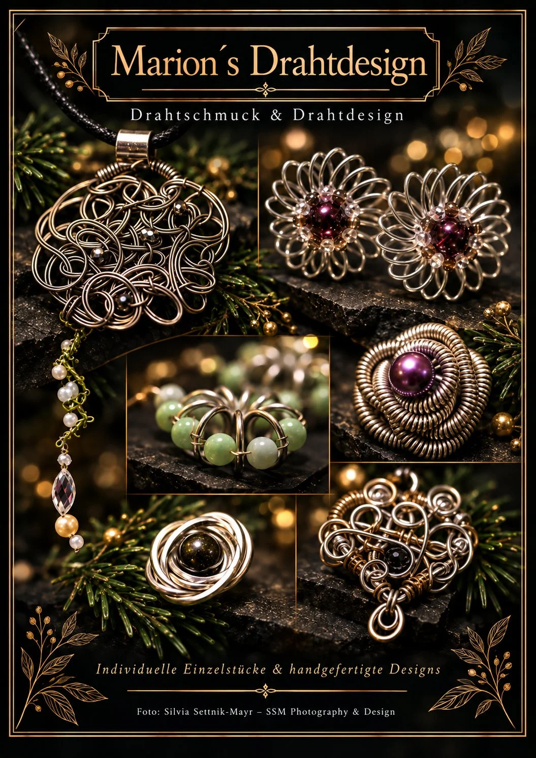 Setkarte für Marion’s Drahtdesign: Präsentation von handgefertigtem Drahtschmuck mit Ringen, Ohrringen und Anhängern.