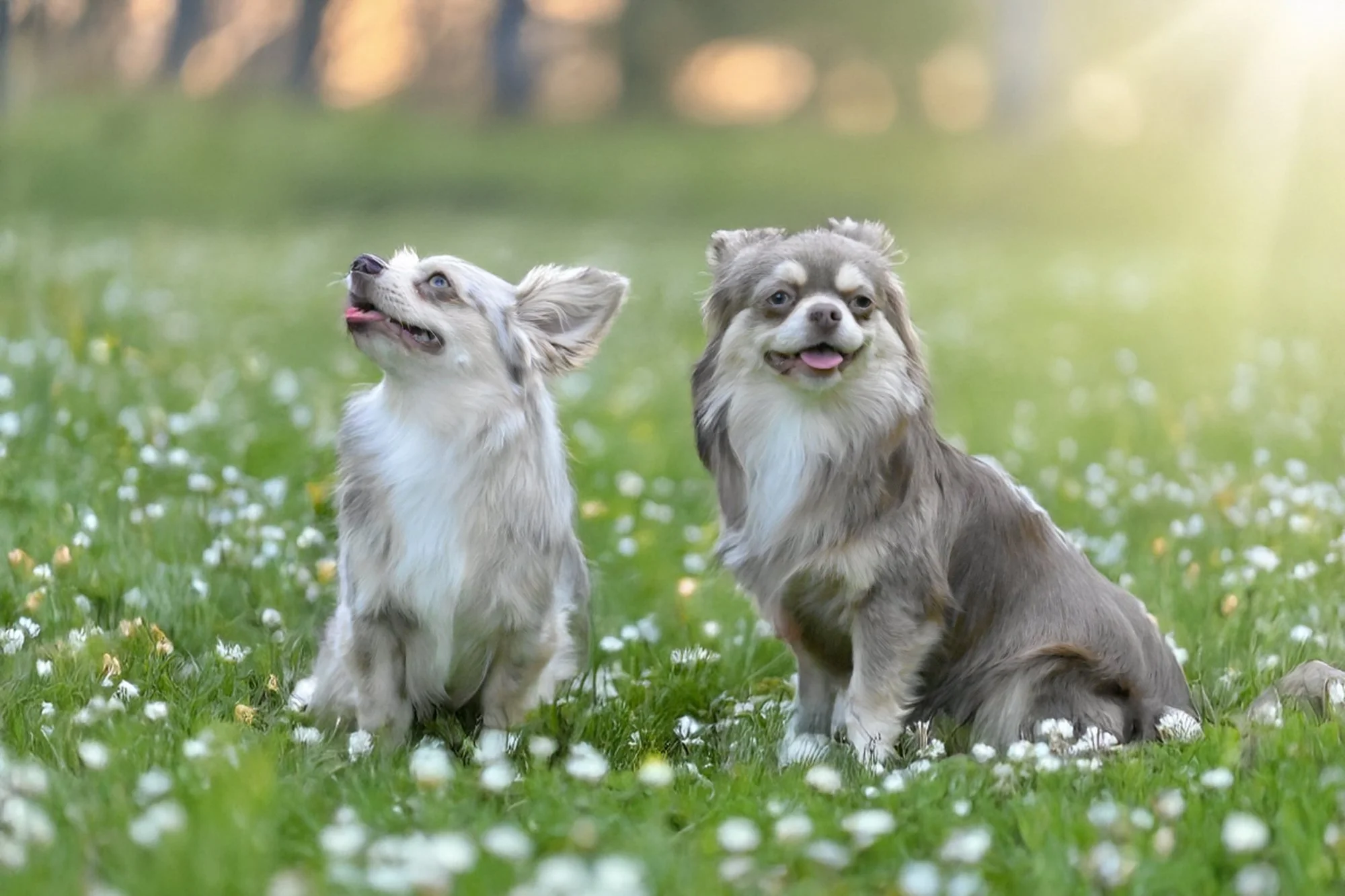 Tierfotografie : Momo & Mäx die zwei kleinen Chihuahua sitzen auf einer blühenden Wiese in Waging am See.