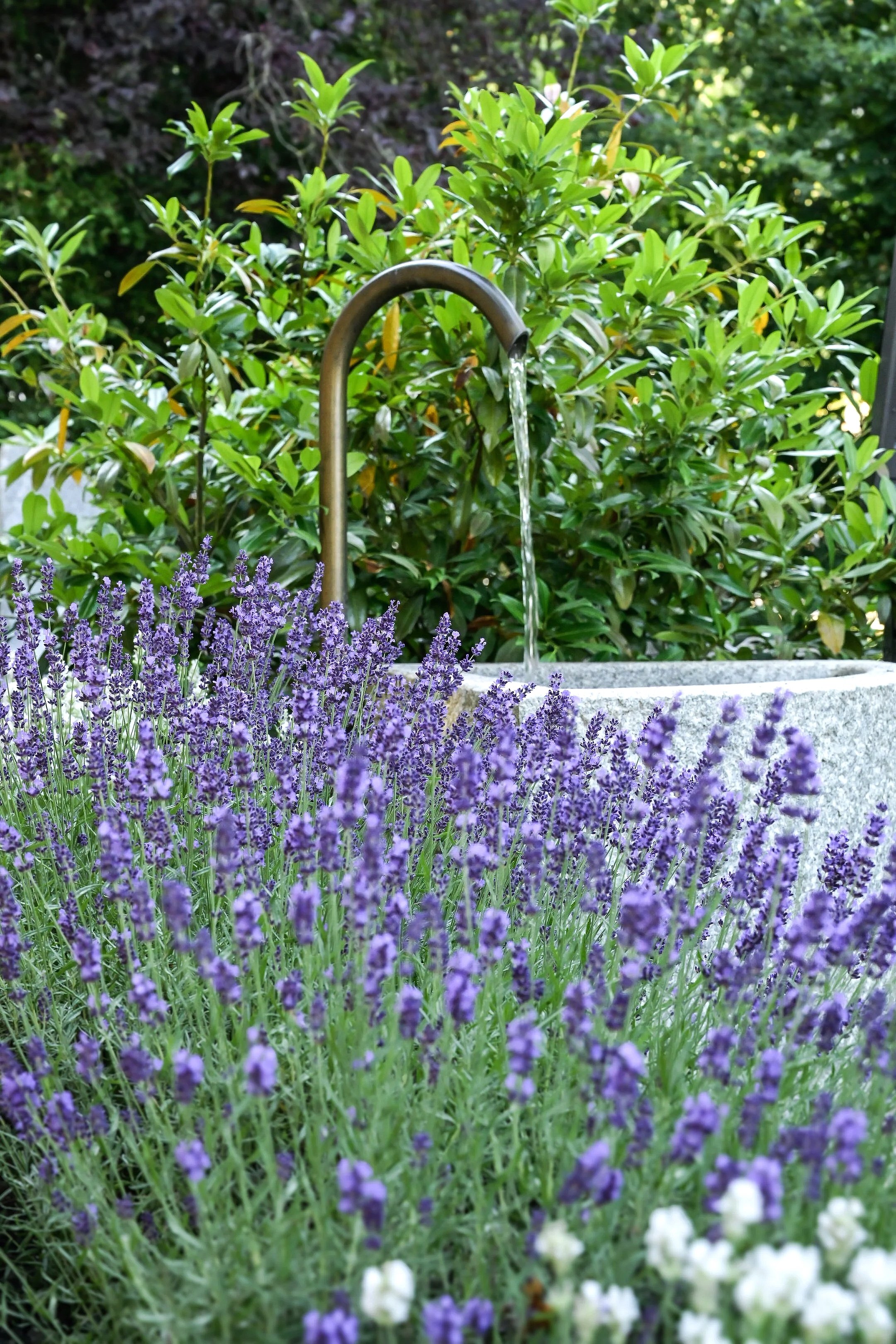 Produktfotografie Czernei Natursteinhandel: Natursteinbrunnen mit fließendem Wasser im Garten.