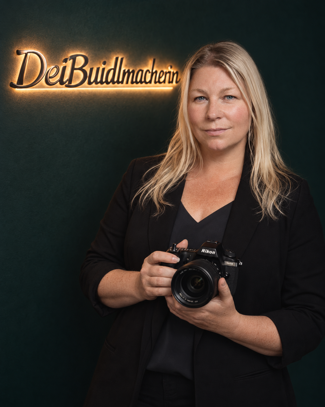 Businessporträt: Silvia Settnik-Mayr, Inhaberin von SSM Photography & Design, auch bekannt als „DeiBuidlmacherin“, mit Nikon-Kamera.