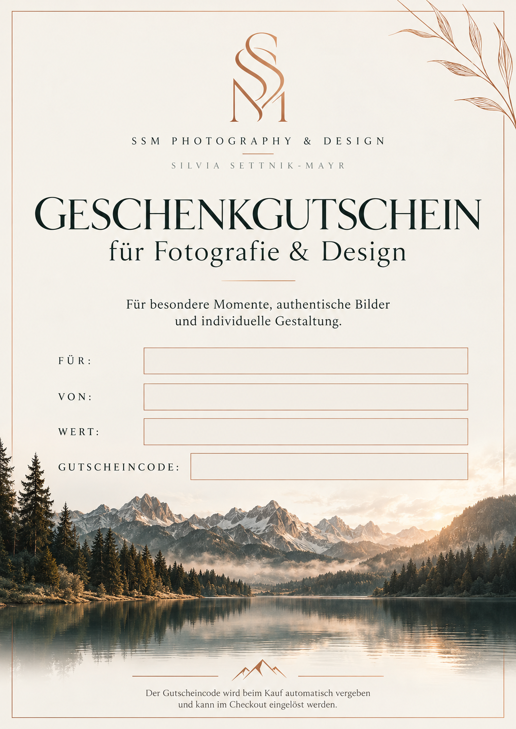 Eleganter Geschenkgutschein mit Bergseelandschaft.png