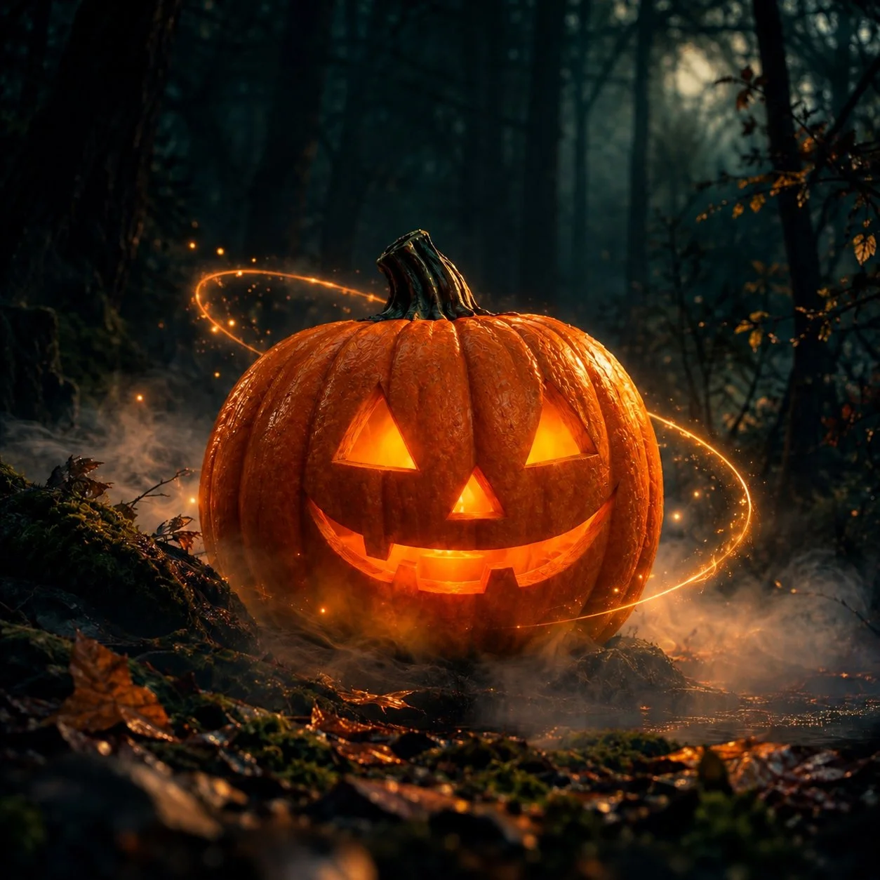 Leuchtender Halloween-Kürbis mit geschnitztem Gesicht im nebligen Wald