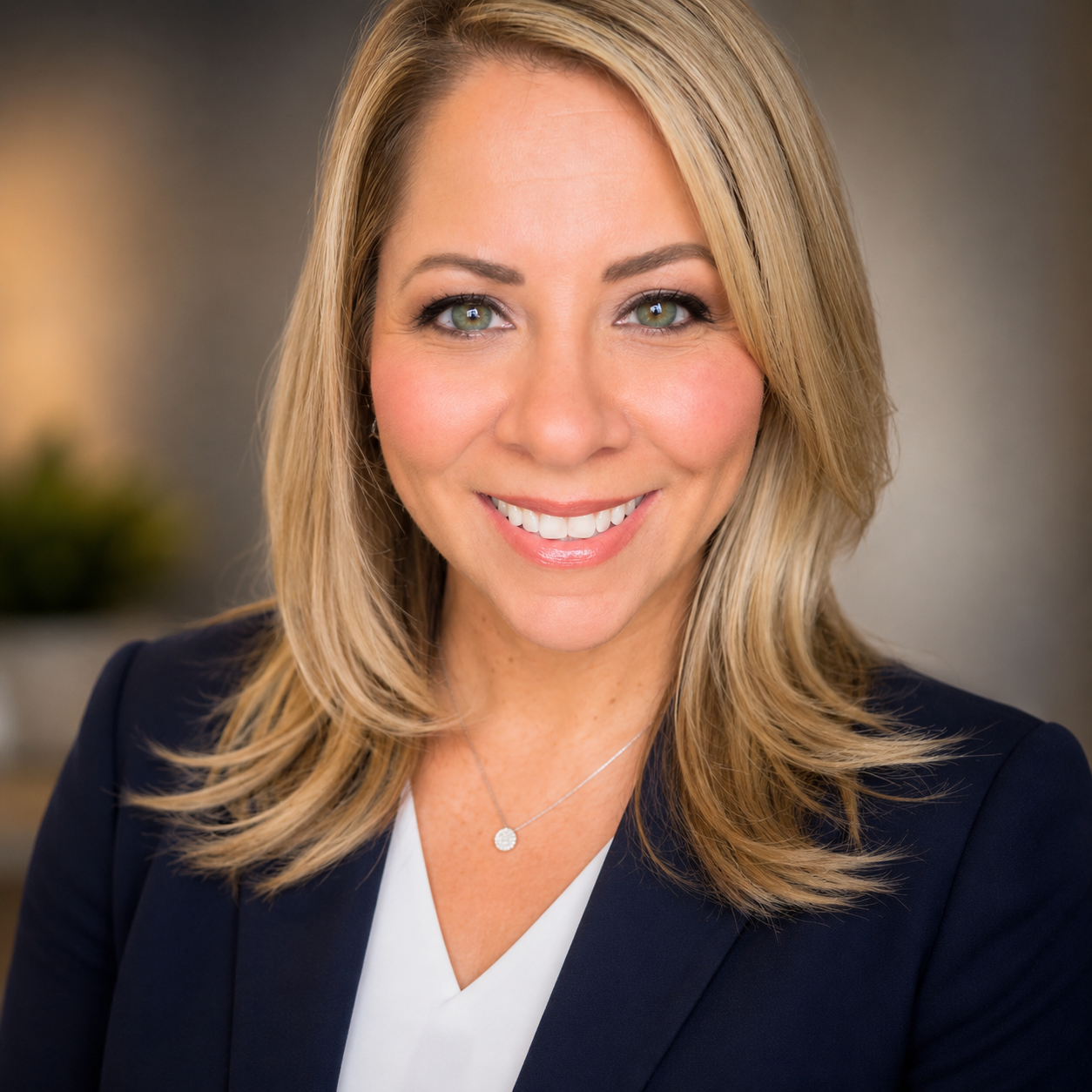 Close-up portrait of a smiling woman with blonde hair, wearing a navy blazer and a necklace, in an indoor setting.