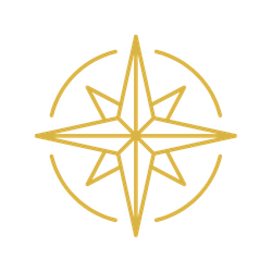A gold-colored compass rose design with geometric and stylized lines within a circular outline.