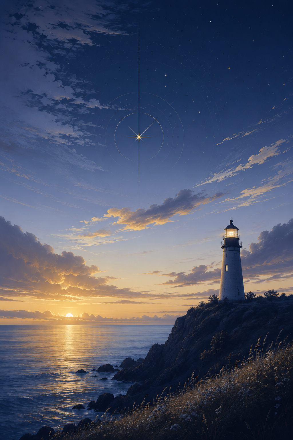 Sunset over the ocean with a lighthouse on a rocky cliff in the foreground, and a starry sky with a prominent bright star and planetary alignments above.