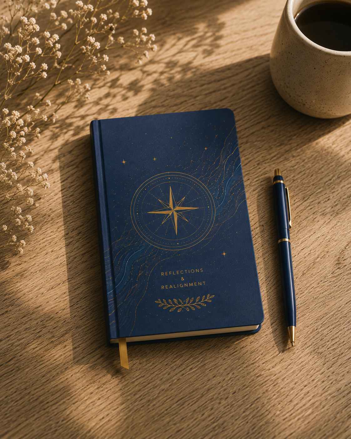 A navy blue notebook with golden celestial designs and the words 'Reflections & Reallignment' resting on a wooden surface next to a pen, with a cup of black coffee and a small bunch of dried white flowers nearby.