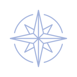 A stylized, glowing blue compass rose symbol.