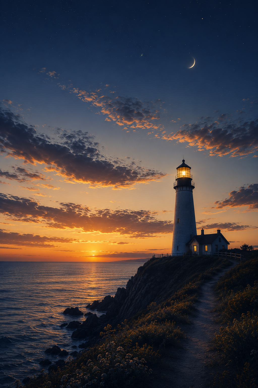 A lighthouse on a cliff at sunset with a crescent moon and stars in the sky.