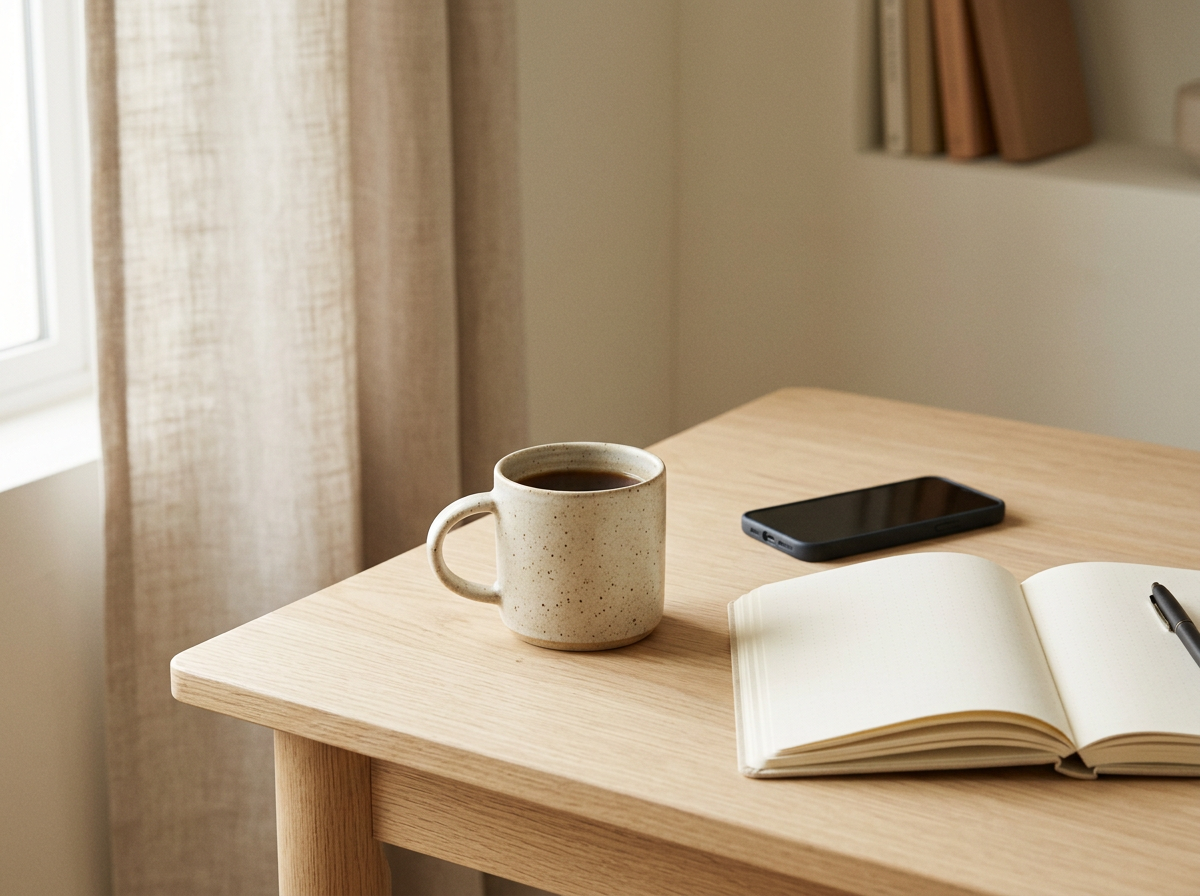 A wooden desk with a coffee mug, an open notebook, a pen, and a smartphone on it, with curtains and a bookshelf in the background.