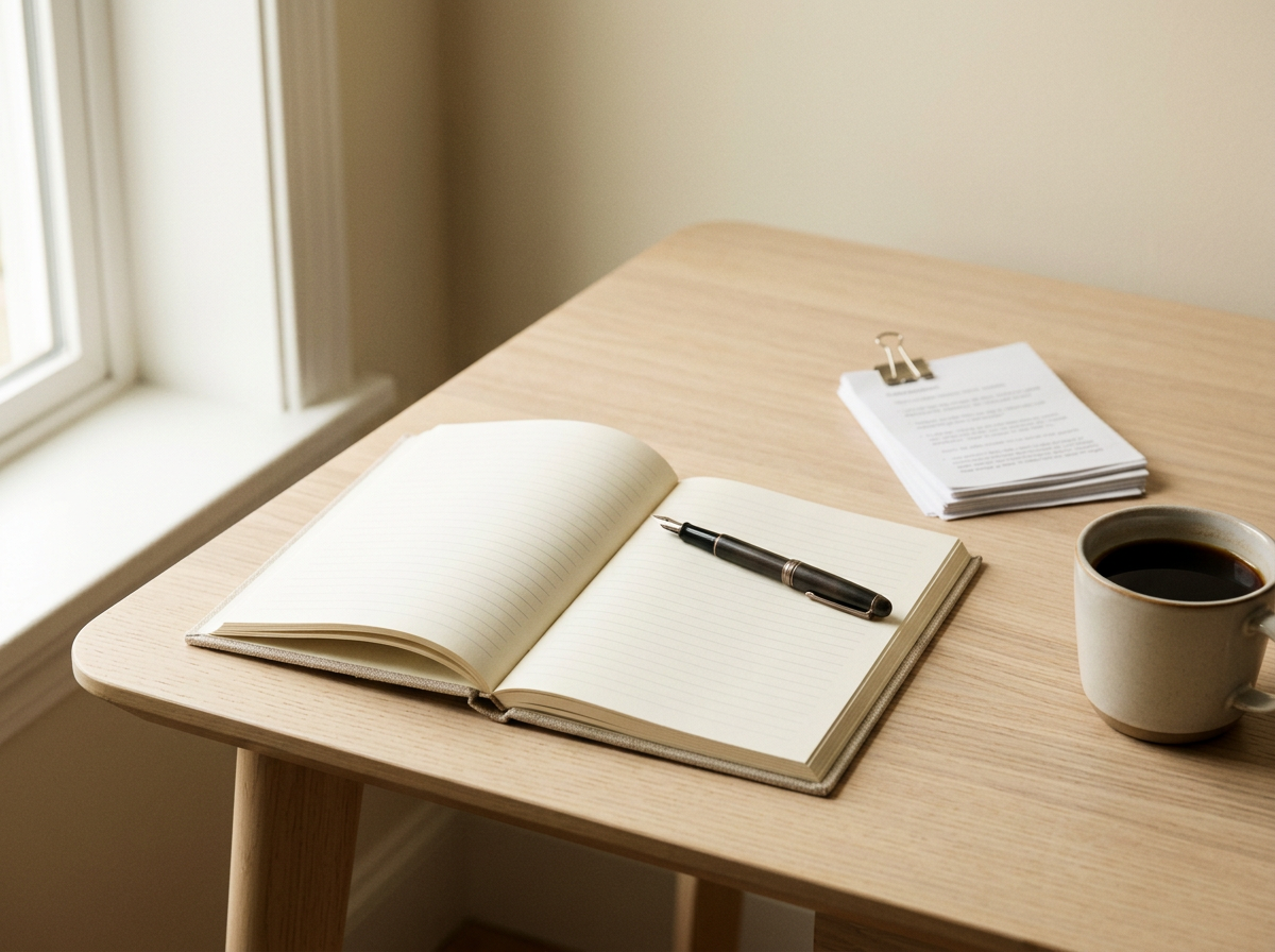 Open notebook with pen, cup of coffee, and a stack of papers clipped with a binder clip on a wooden table by a window