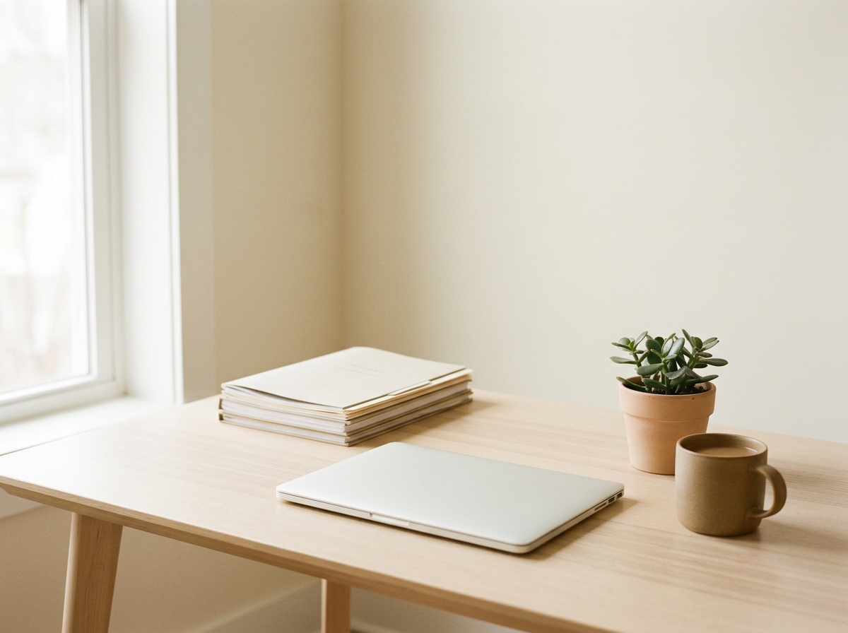 Minimalist wooden desk near window with a closed laptop, a potted plant, a cup, and a stack of papers.
