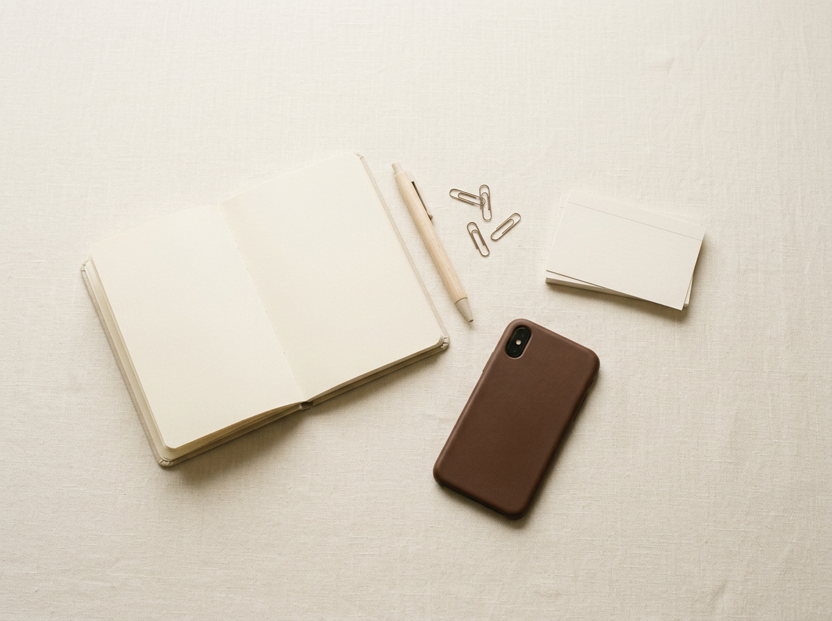 Open blank notebook, pen, paper clips, a stack of small note cards, and a smartphone on a light-colored fabric surface.