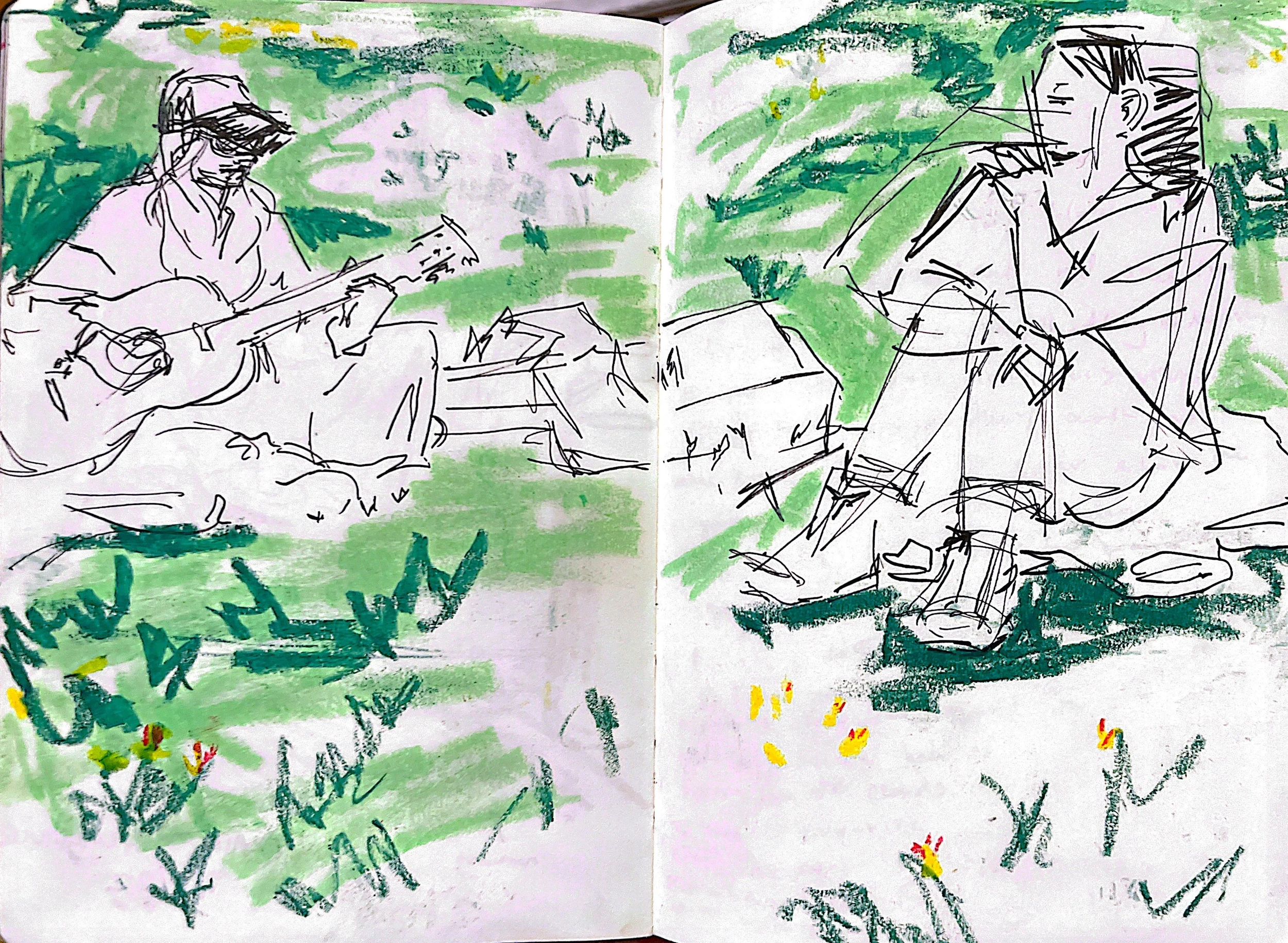 Park Sketch, Oil Pastel and Pen