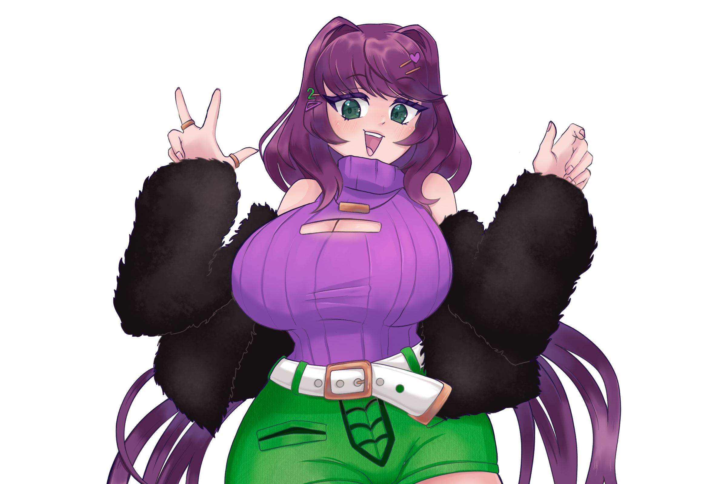 Anime-style girl with purple hair and green eyes wearing a purple top and green outfit, smiling and making peace signs against a dark purple background