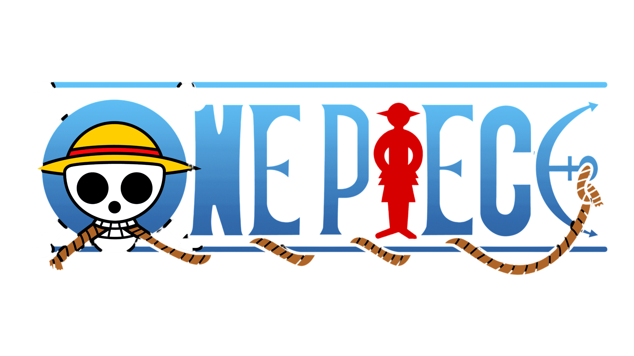Cartoon pirate in a straw hat beside large blue “ONE PIECE” lettering, with a red pirate silhouette, climbing rope, and anchor.