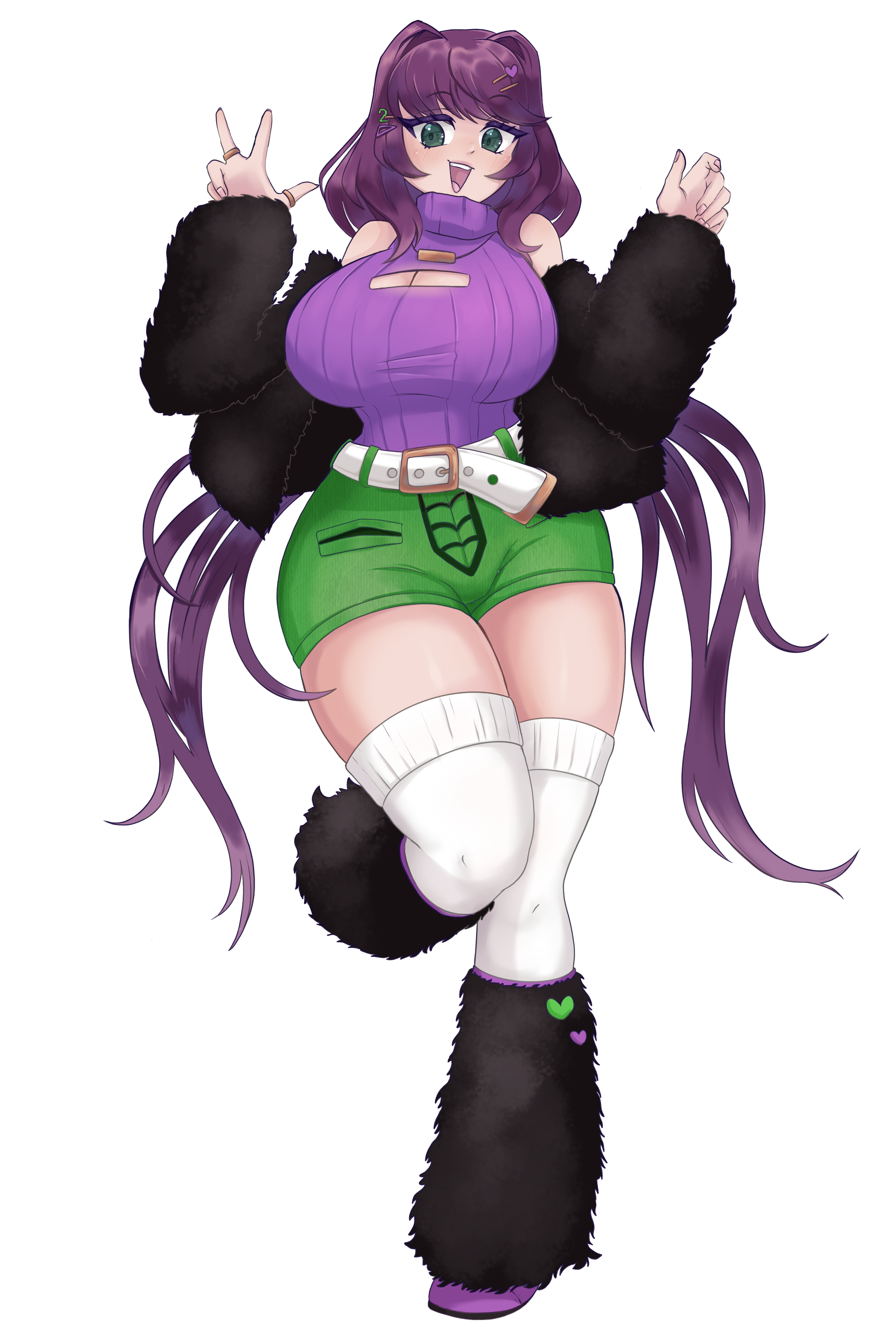 Anime-style purple-haired girl with long twin tails, green eyes, a purple top, green shorts, and black fur sleeves making peace signs
