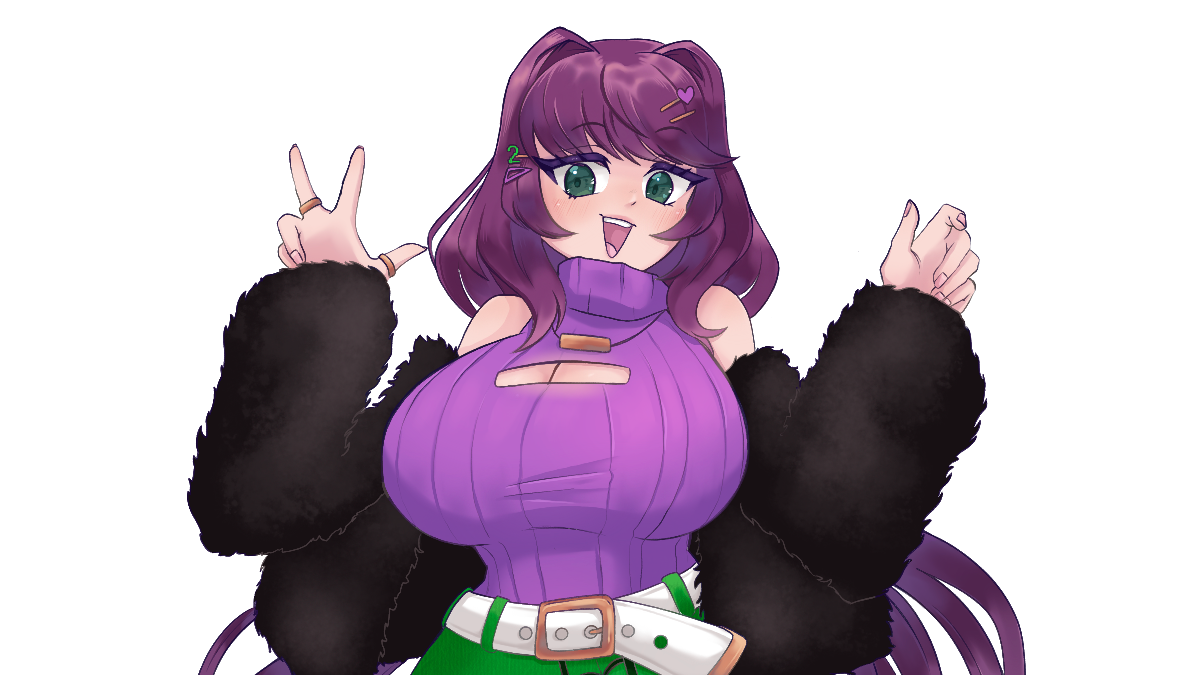 Anime-style purple-haired girl in a purple dress and black furry jacket making peace signs against a dark purple background