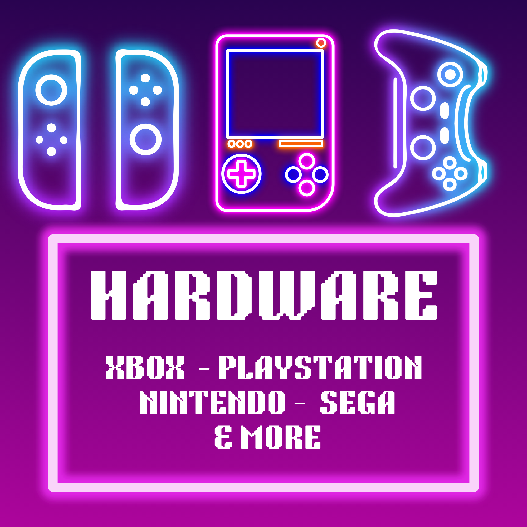 Neon gaming console and controllers with retro video game text: hardware for Xbox, PlayStation, Nintendo, Sega, and more.