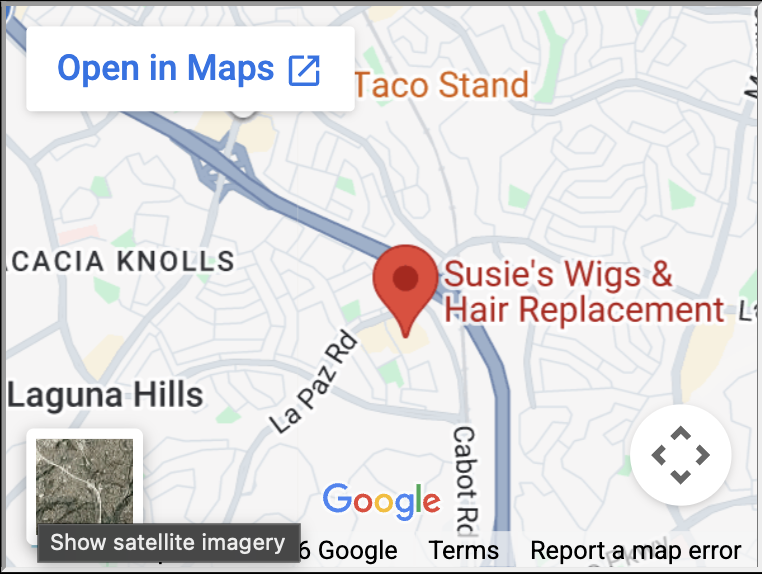 Map showing location of Susie's Wigs & Hair Replacement near La Paz Road and Cavat Road, close to Laguna Hills and Cacia Knolls, with a nearby Taco Stand.