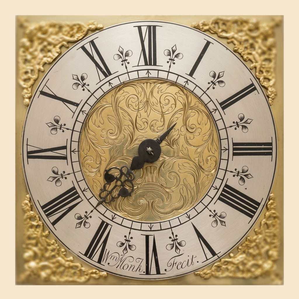 Close-up of an antique clock with Roman numerals, ornate gold embellishments, and intricate swirling patterns in the center.