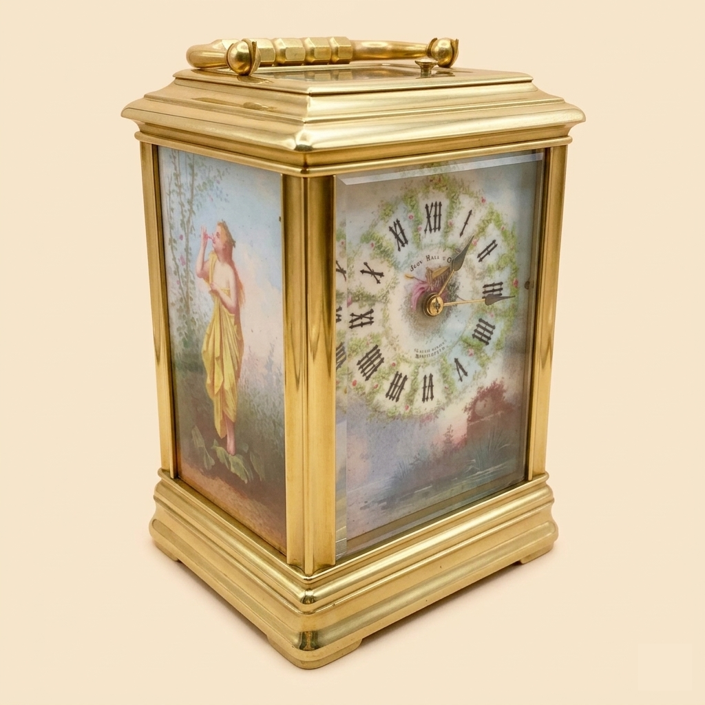 A vintage brass carriage clock with painted decorative panels and Roman numeral clock face.