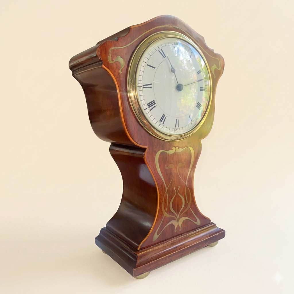A vintage wooden clock with gold detailing and Roman numerals on the face, set against a plain light-colored background.