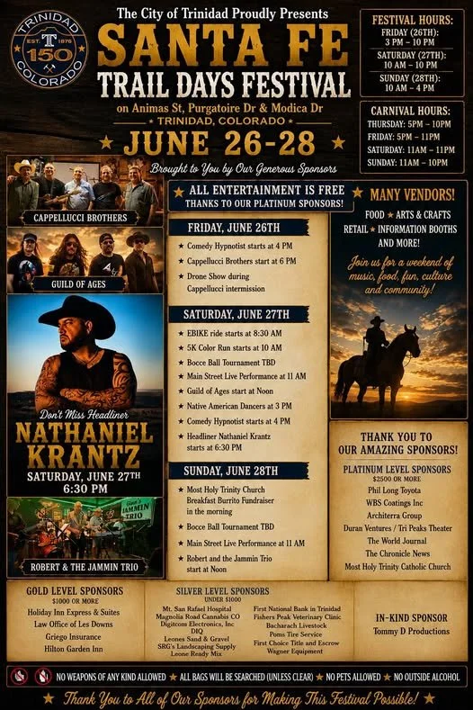 Festival poster for Santa Fe Trail Days Festival in Trinidad, Colorado, June 26-28, featuring schedule of events including entertainment, rides, and vendors, with images of performers, streetscene, and an outdoor sunset scene with a person on horseback.