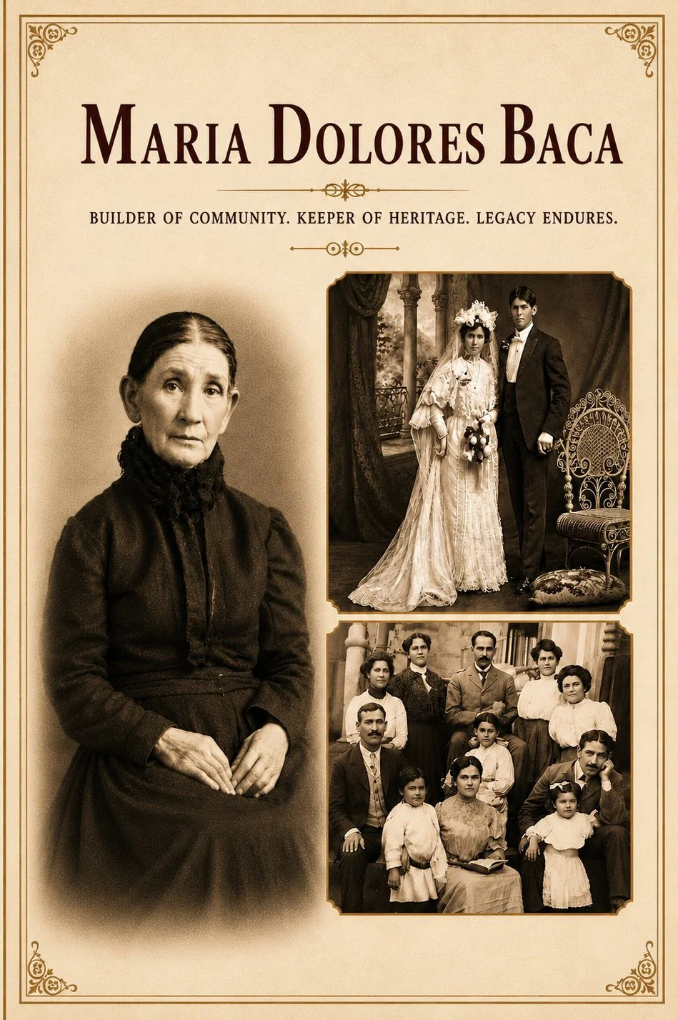 A sepia-toned poster featuring Maria Dolores Baca with a large portrait of her on the left, a wedding photograph of a couple in vintage attire in the top right, and a family group photo of several adults and children in the bottom right.
