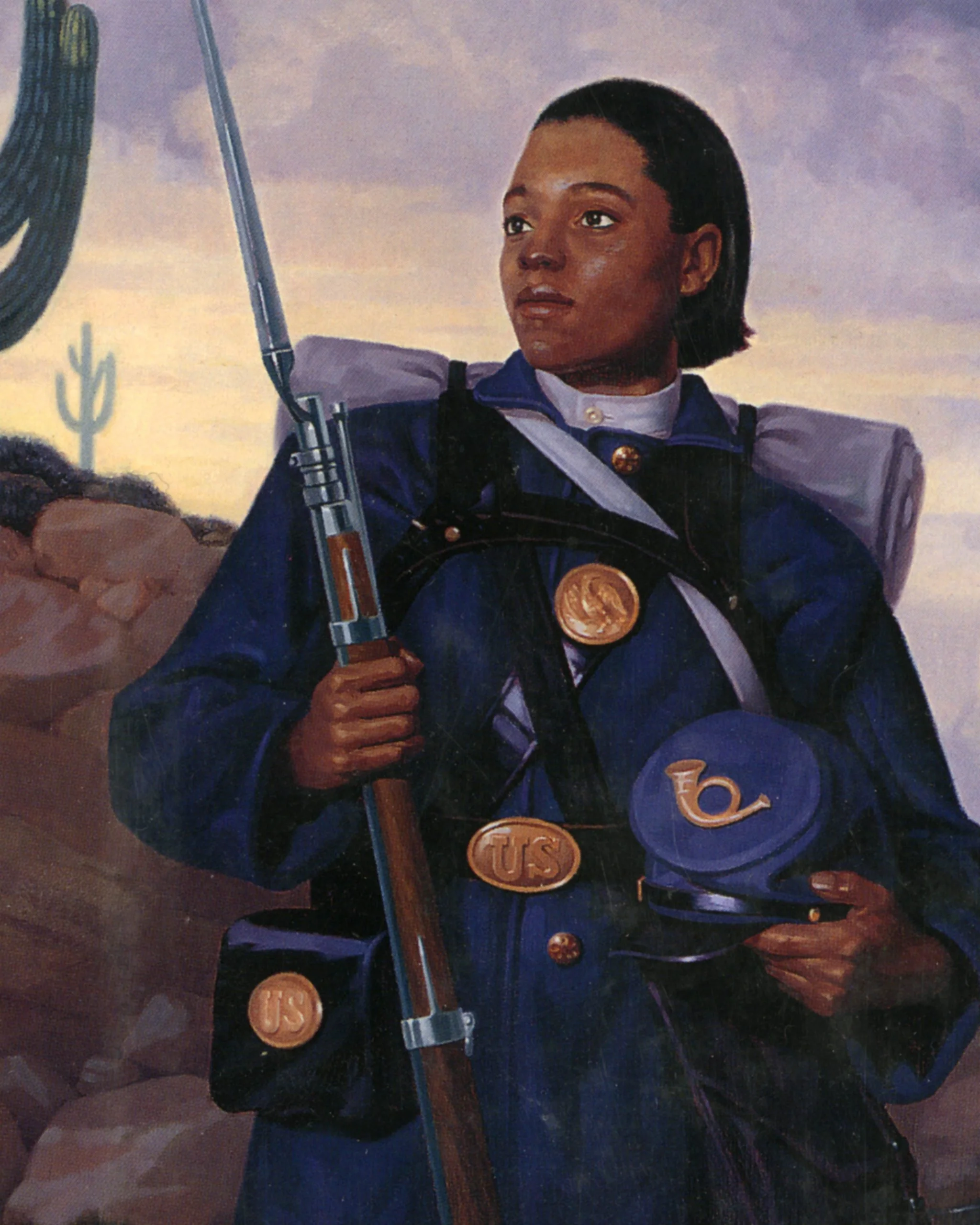 A painting of a woman dressed in a vintage military uniform, holding a rifle, with a desert landscape and cactus in the background.
