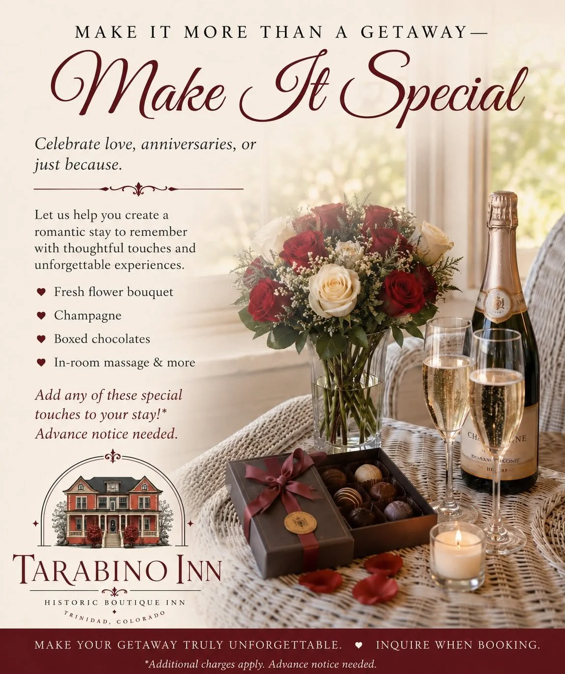 A promotional flyer for Tarabino Inn in Trinidad, Colorado, featuring a bouquet of white and red roses, a bottle of champagne, two filled champagne glasses, a box of chocolates, and a lit candle on a wicker table with roses scattered around.