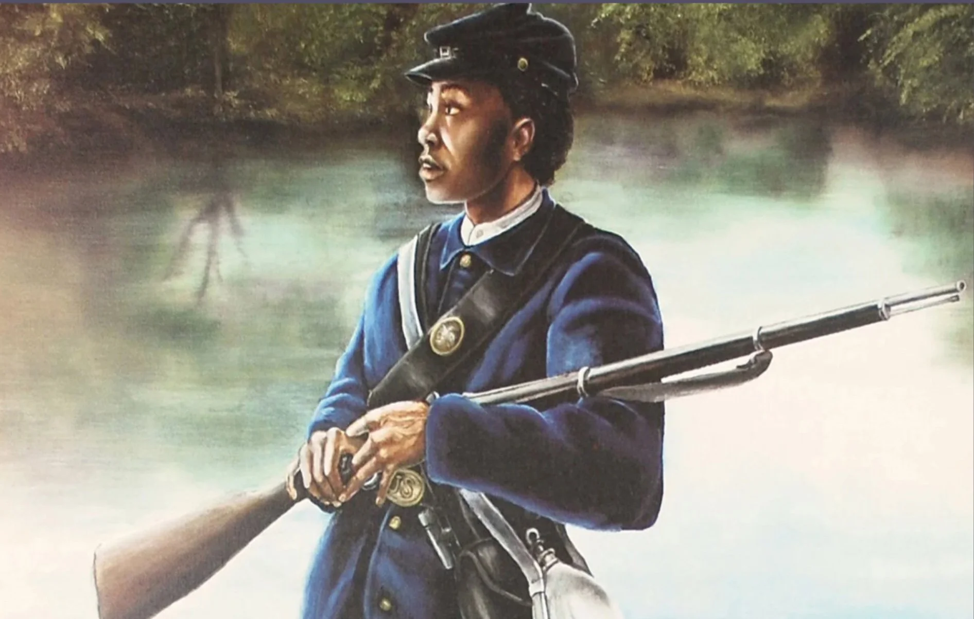 A man dressed as a historical soldier in a blue uniform with gold buttons, holding a rifle while riding a horse on a river.