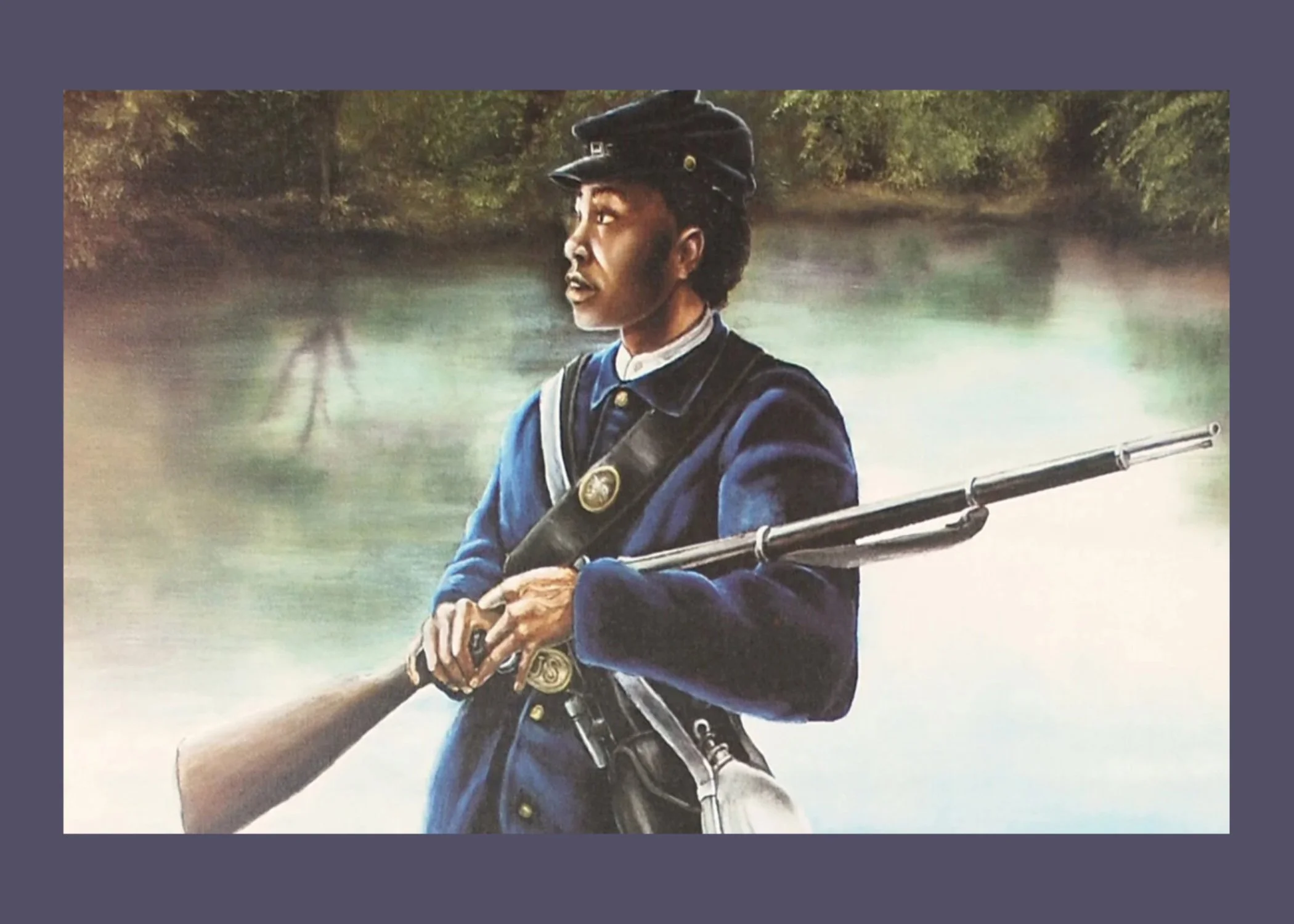 A person dressed in a Civil War soldier uniform riding a boat on a river.